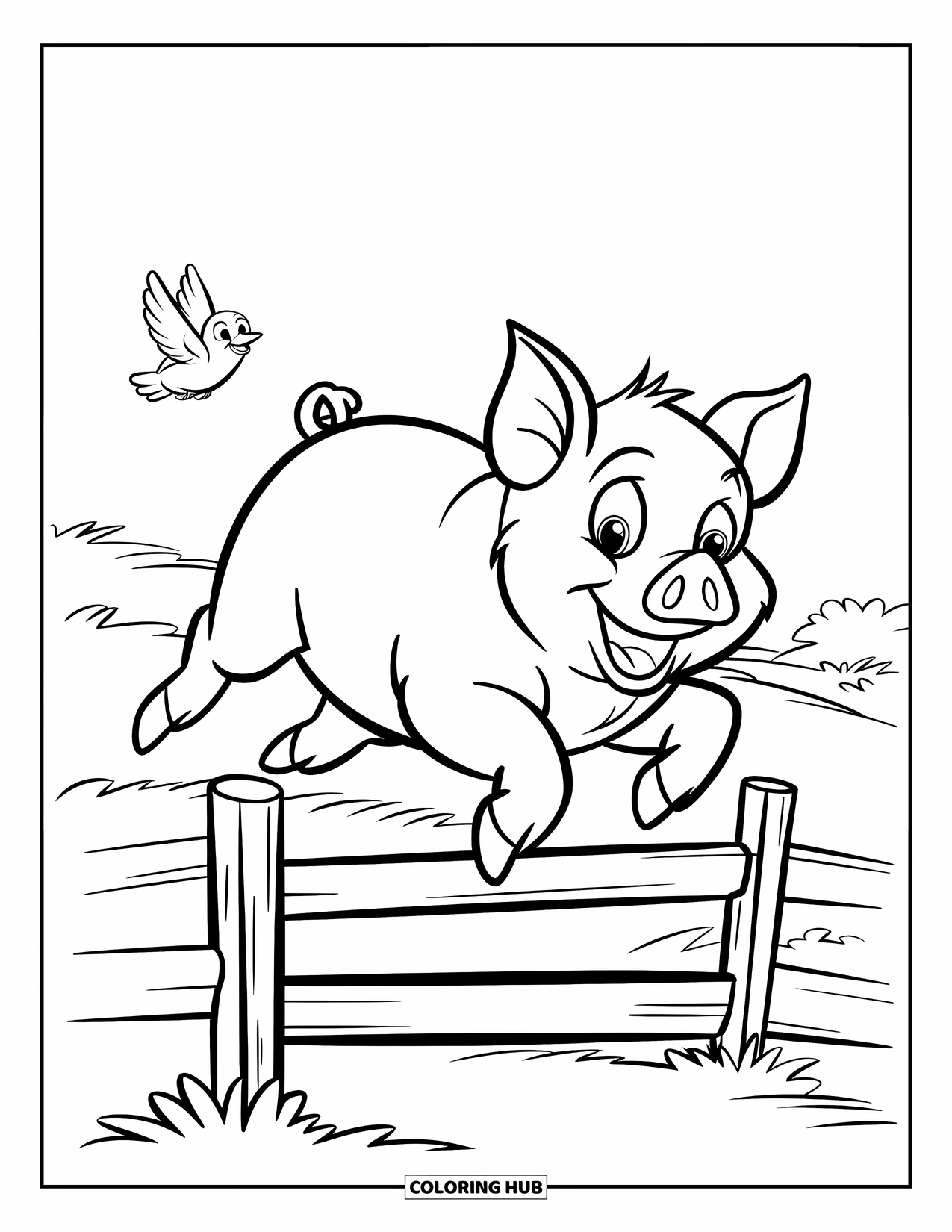 Desenho de Porco para Colorir para Crianças: Um porco usando um chapéu verde salta sobre uma cerca em um campo gramado