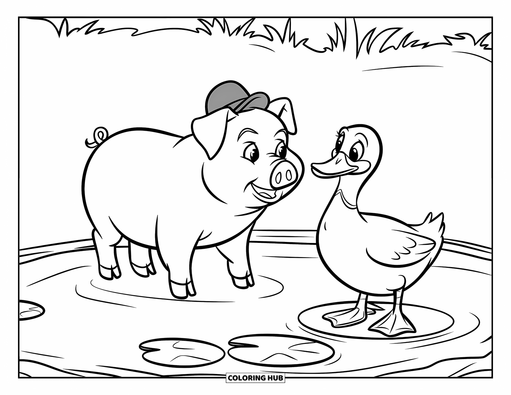 Desenho de Porco para Colorir para Crianças: Um porco usando um chapéu fica perto de um lago com um pato em um nenúfar