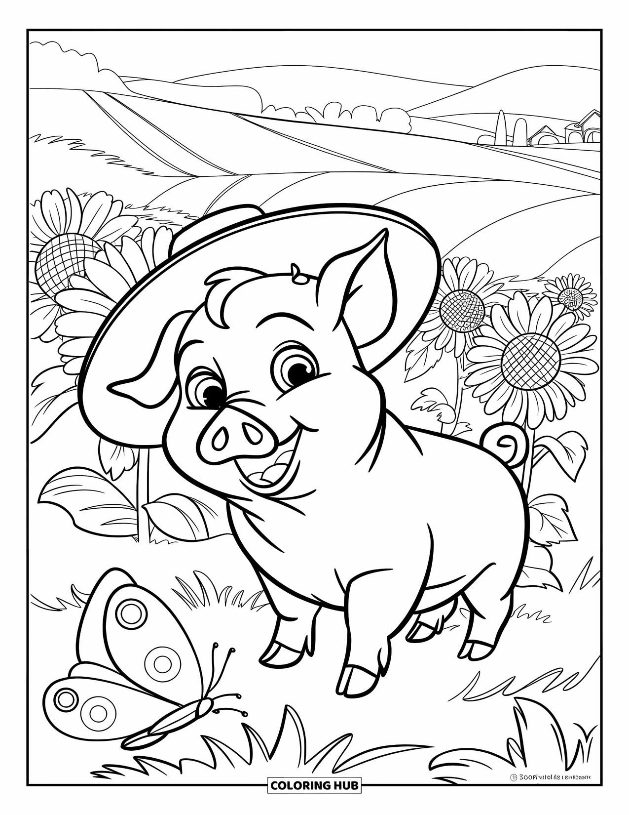 Desenho de Porco para Colorir para Crianças: Um porco usando um chapéu está em um campo de girassóis com borboletas voando por perto