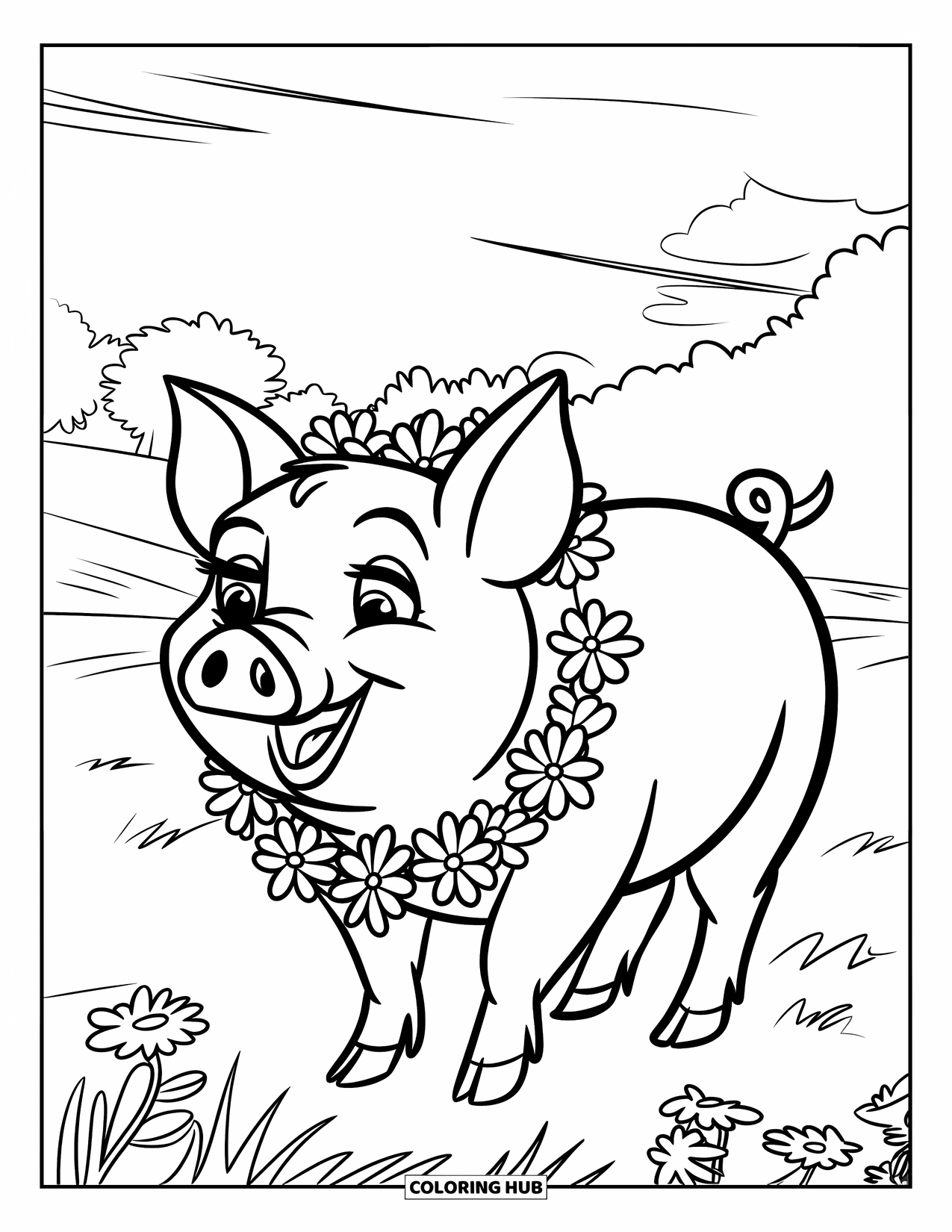 Desenho de Porco para Colorir para Crianças: Um porco com uma guirlanda de flores em volta do pescoço fica feliz em um campo