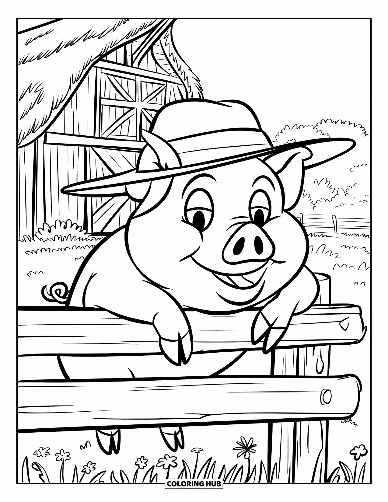 Desenho de Porco para Colorir para Crianças: Um porco com um chapéu de palha se apoia em uma cerca de madeira, apreciando a vista da fazenda