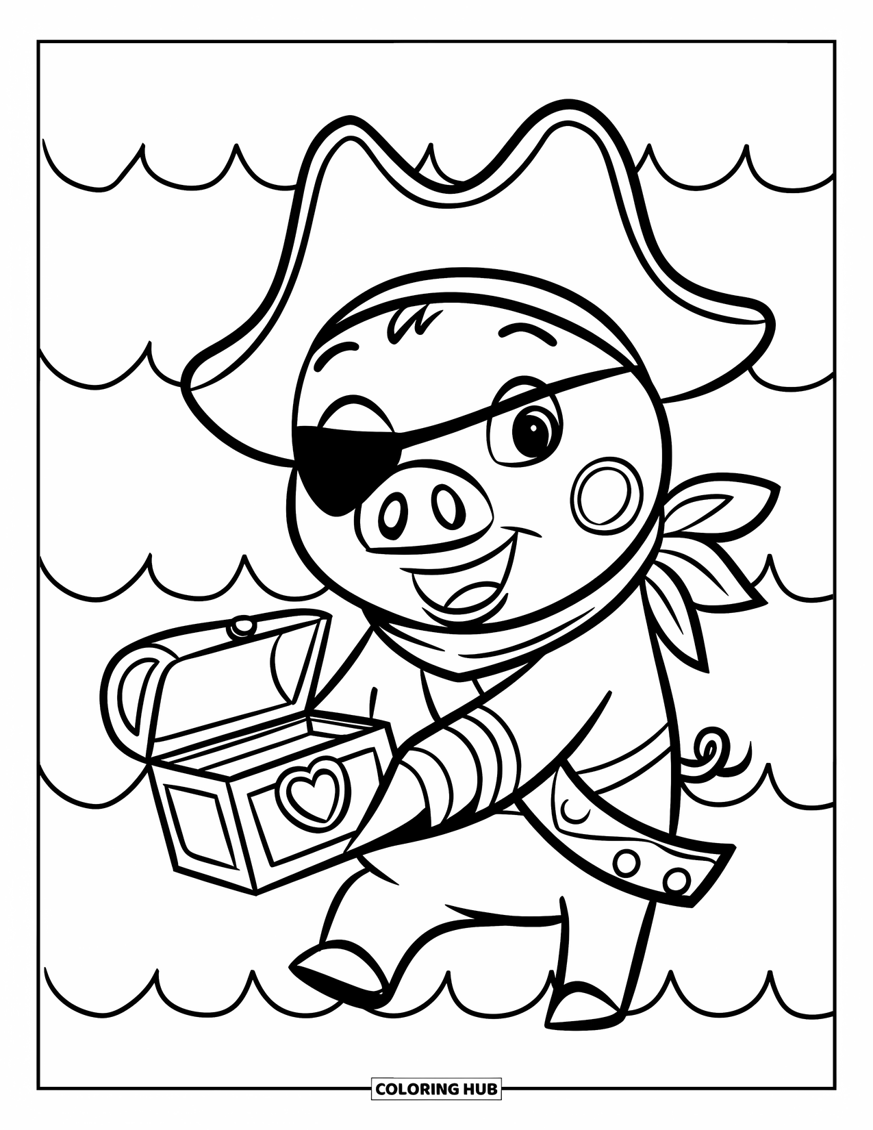 Desenho de Porco para Colorir para Crianças: Um porco com um tapa-olho e um lenço segura um pequeno baú de tesouro perto do oceano
