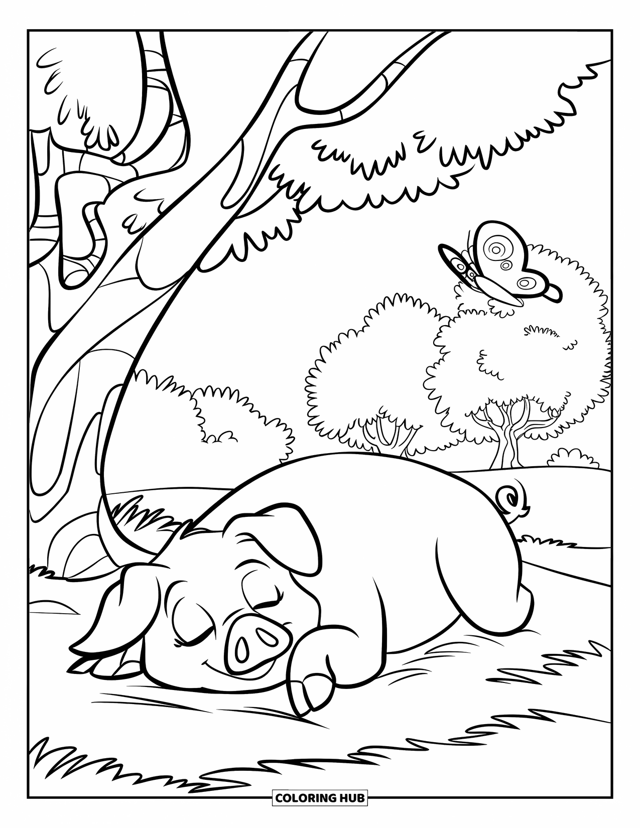 Desenho de Porco para Colorir para Crianças: Um porco dormindo embaixo de uma árvore com uma borboleta e pássaros ao fundo