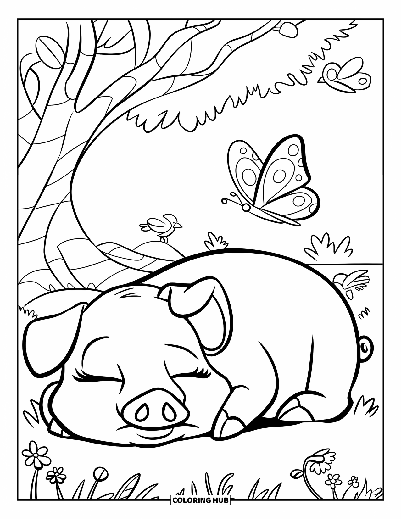 Desenho de Porco para Colorir para Crianças: Um porco sonolento descansando sob uma árvore sombreada com flores e pássaros por perto