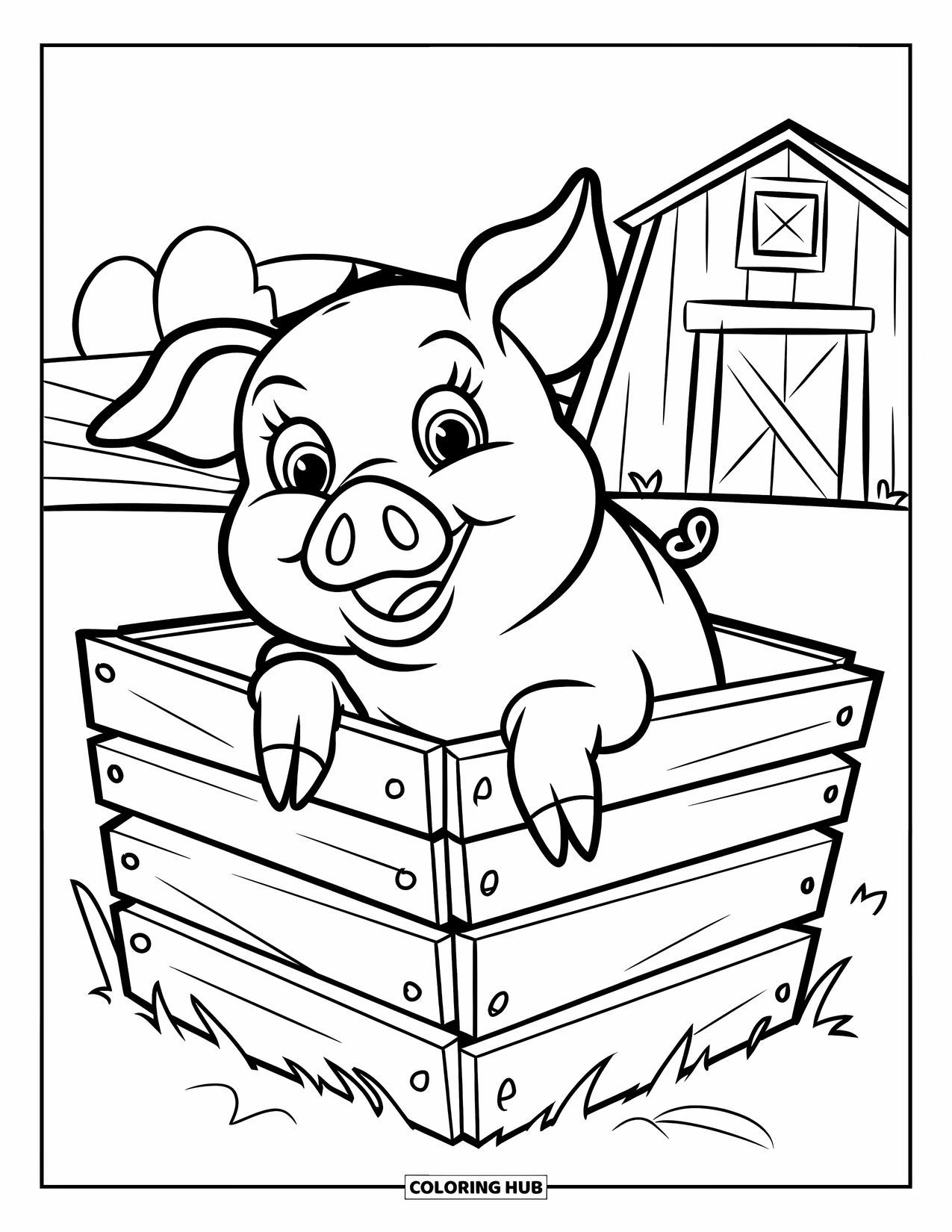 Desenho de Porco para Colorir para Crianças: Um porco sorrindo em pé em um cercado de madeira com um celeiro e árvores atrás dele