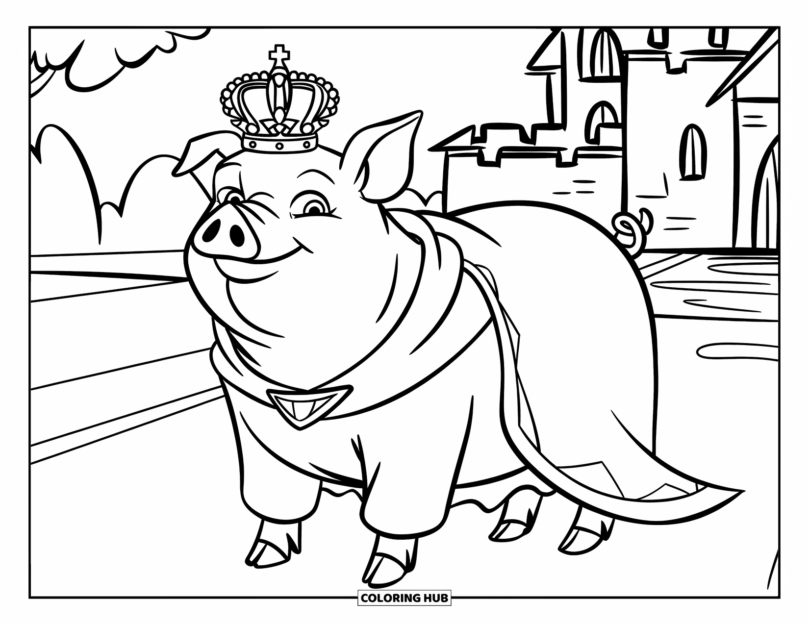 Desenho de Porco para Colorir para Crianças: O porco usa orgulhosamente uma coroa e um manto real em frente a um grande castelo
