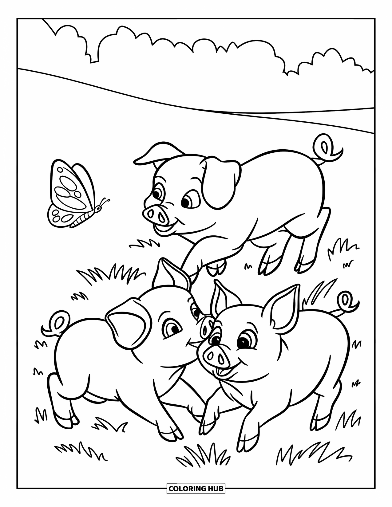 Desenho de Porco para Colorir para Crianças: Três leitõezinhos perseguem alegremente uma borboleta em um campo gramado amplo e aberto