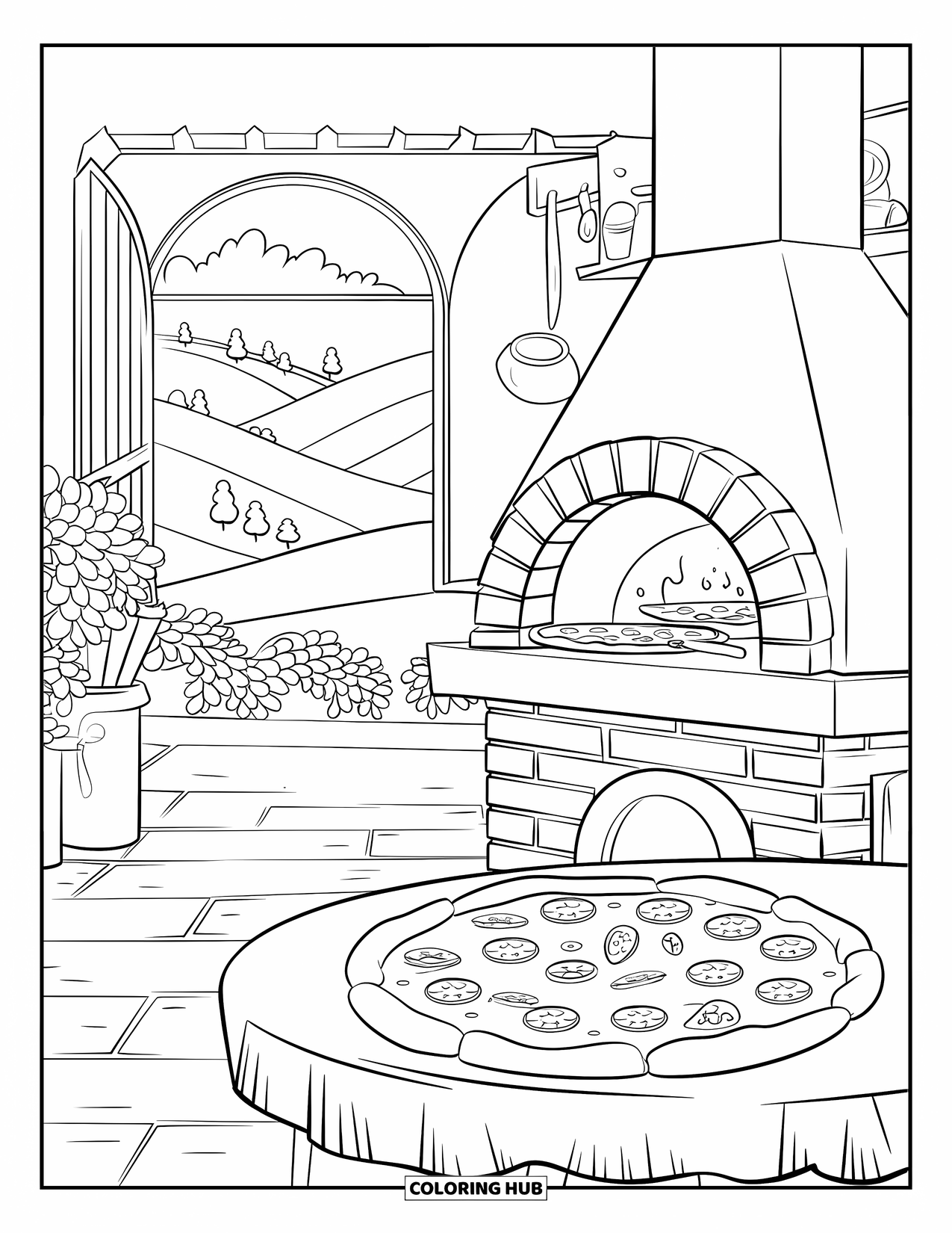Pizza Kleurplaat voor Volwassenen: Een charmante Italiaanse pizzeria met een stenen oven, uitzicht op glooiende heuvels en een gezellige sfeer