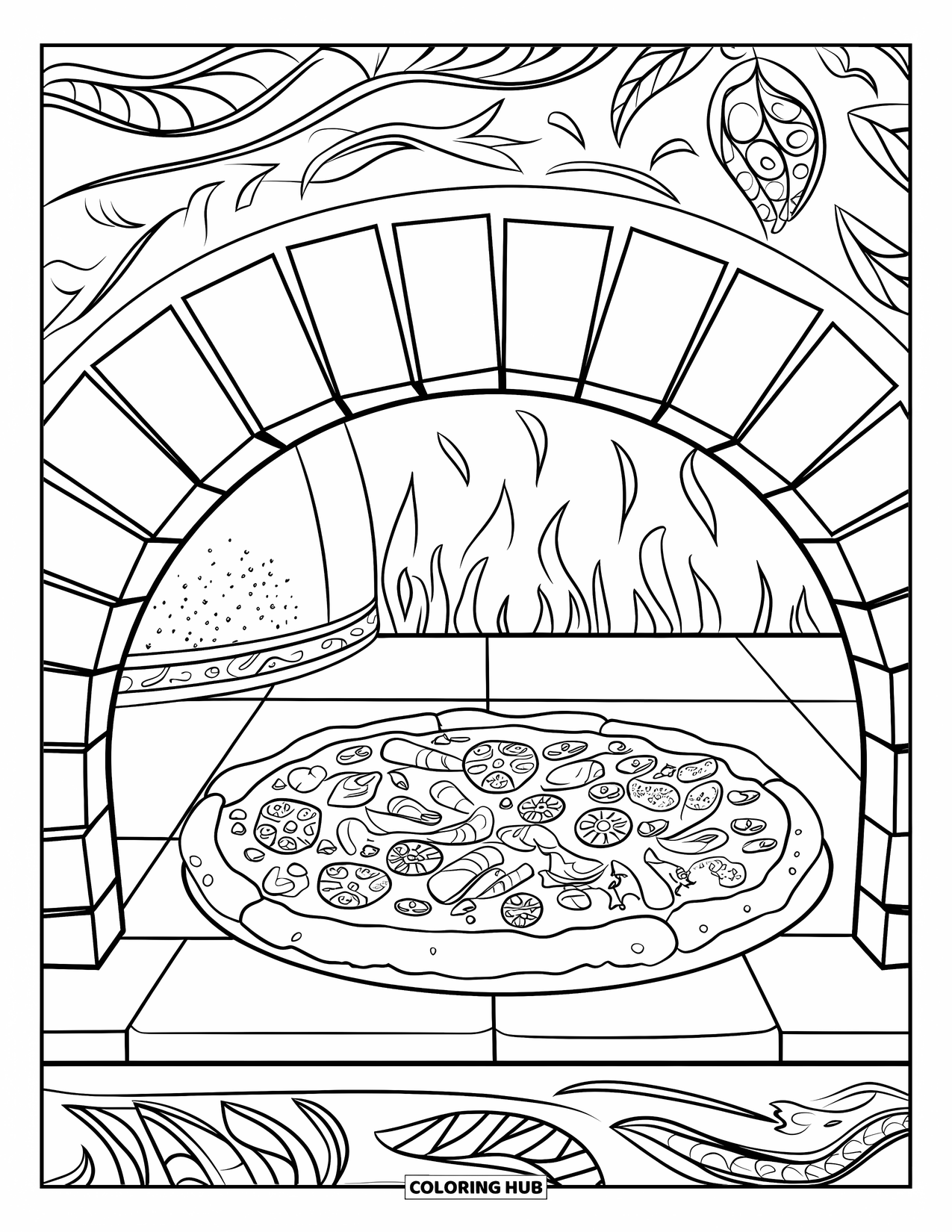 Pizza Kleurplaat voor Volwassenen: Een close-up van een borrelende pizza in een rustieke stenen oven met een flikkerend vuur