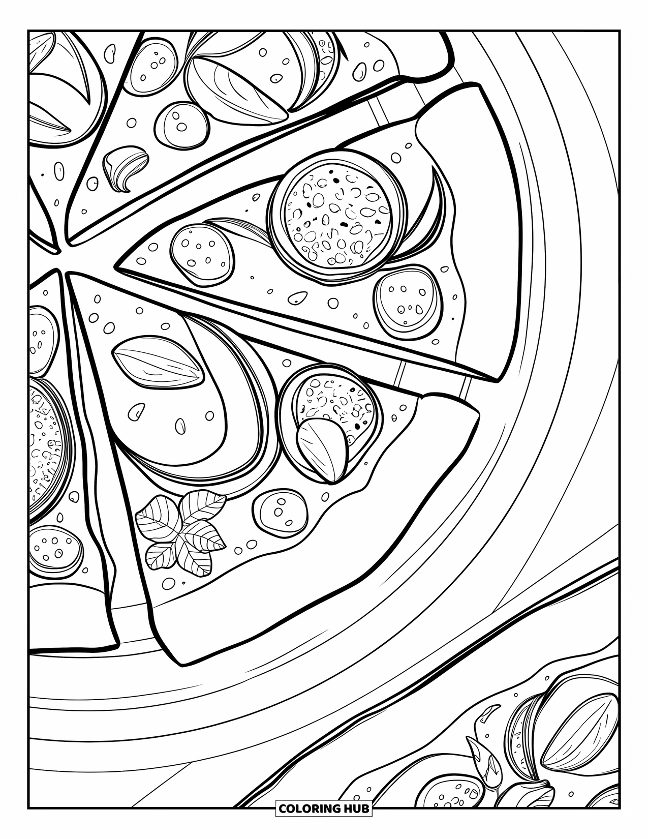 Pizza Kleurplaat voor Volwassenen: Een close-up van een pizzapunt met artistieke toppings, waarbij elk ingrediënt in vet detail wordt vastgelegd