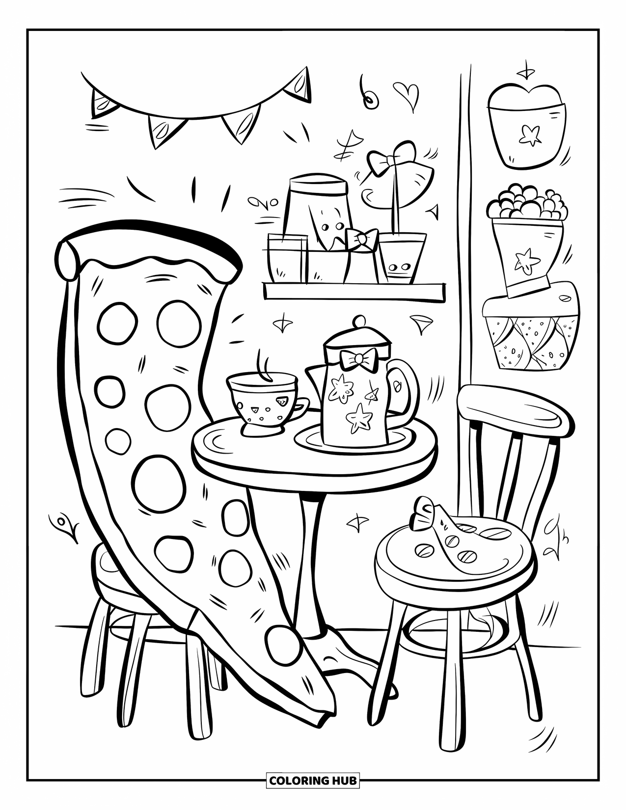 Pizza Kleurplaat voor Volwassenen: Een gezellige pizzacaféscène met een klein rond tafeltje, een pizzapuntstoel en een charmant theeservies