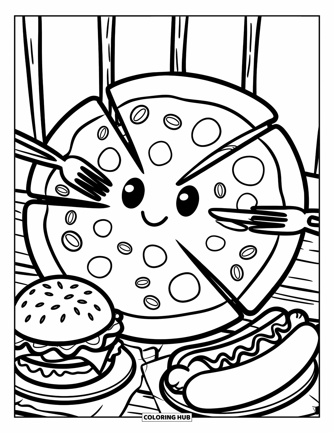 Pizza Kleurplaat voor Volwassenen: Een schattig pizzapersonage met een vork en mes, naast een cheeseburger en hotdog op een tafel