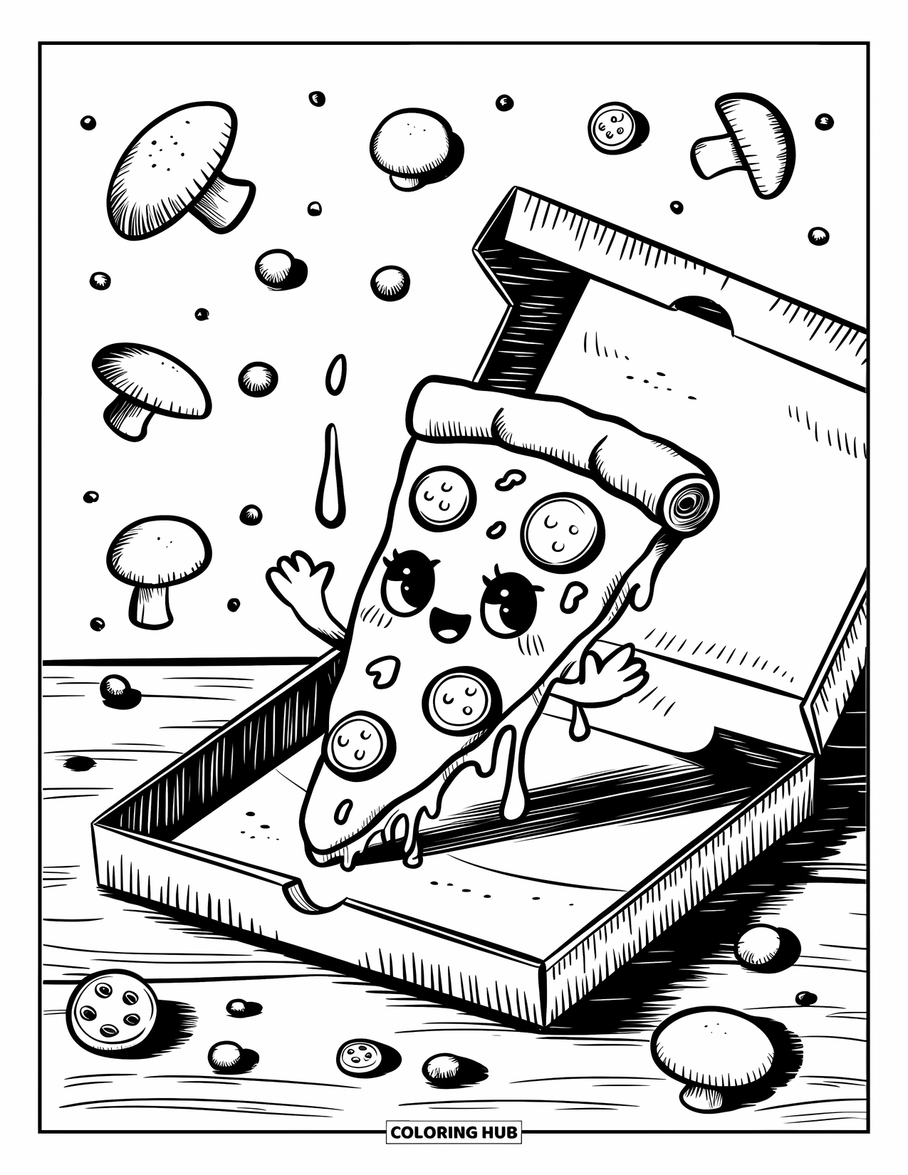 Pizza Kleurplaat voor Volwassenen: Een schattige pizzapunt met kleine handjes die zwaaien vanuit een open doos, met champignons en kaasdruppels