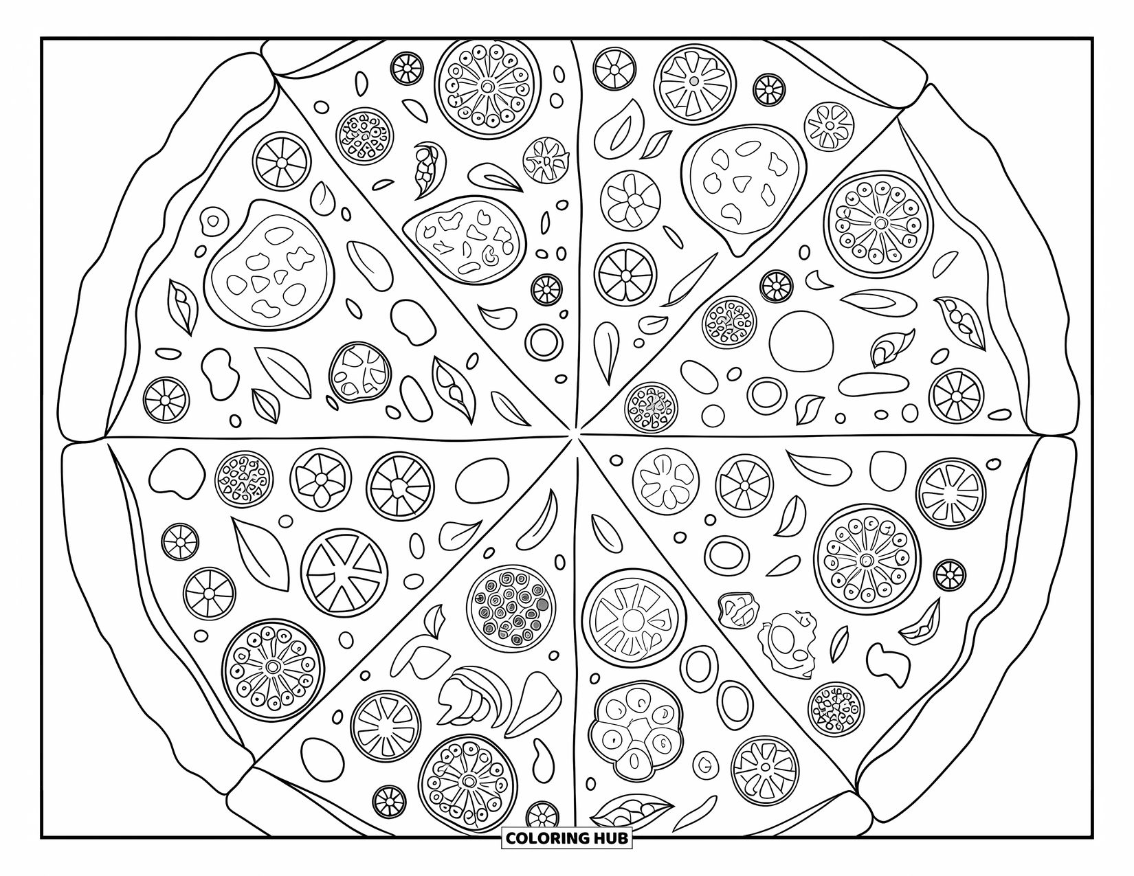 Pizza Kleurplaat voor Volwassenen: Een decoratieve pizza-illustratie gevuld met kleine toppings, patronen en artistieke korstdetails