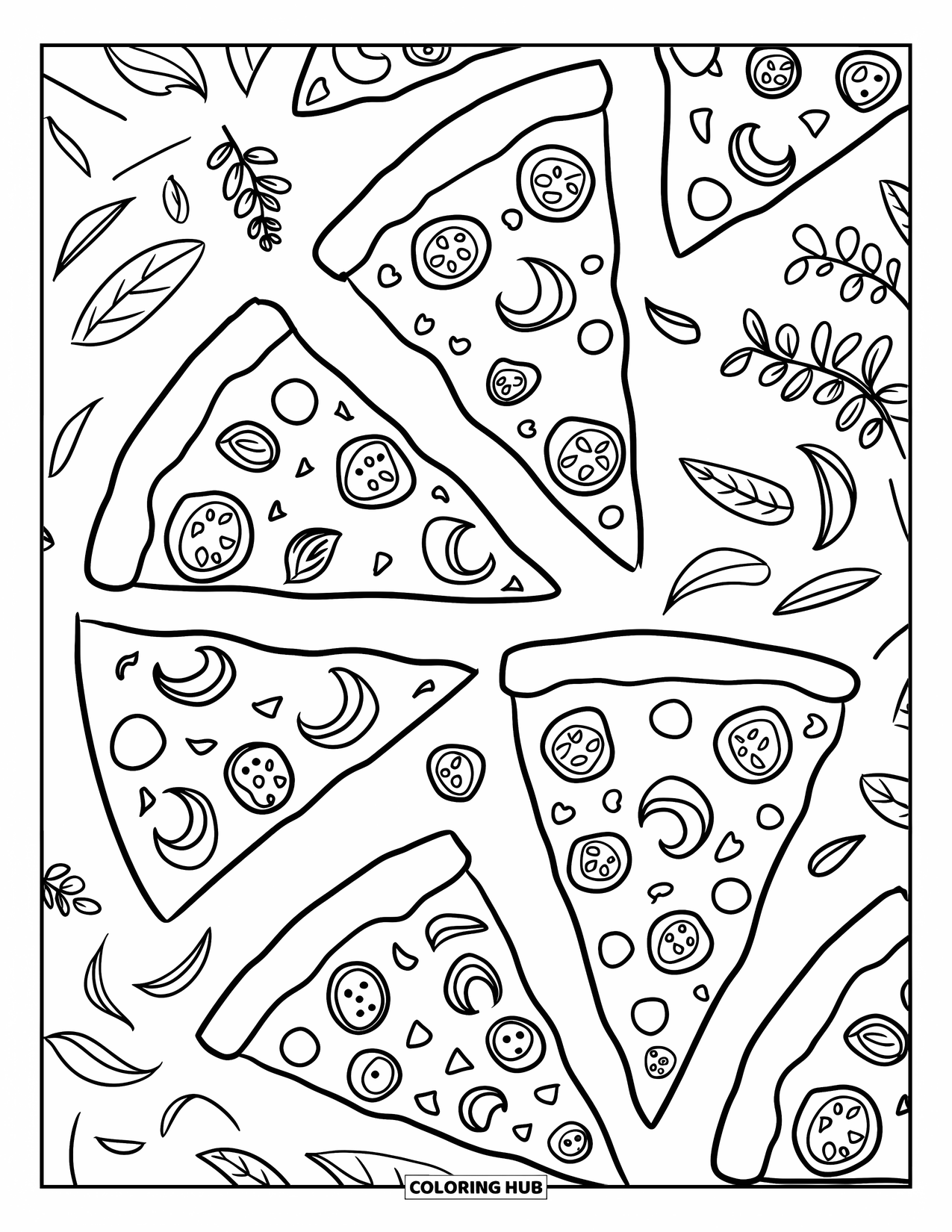 Pizza Kleurplaat voor Volwassenen: Een gedetailleerd pizzapatroon met kaaswervelingen, kruiden en tomatenplakjes voor een leuke kleurervaring