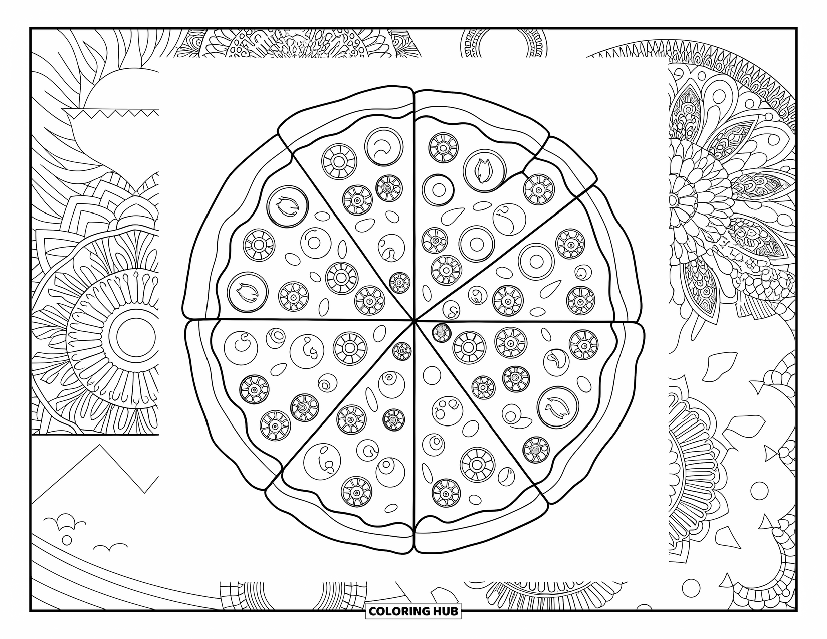 Pizza Kleurplaat voor Volwassenen: Een gedetailleerd bovenaanzicht van een pizza met ingewikkelde toppings, patronen en artistieke korstontwerpen