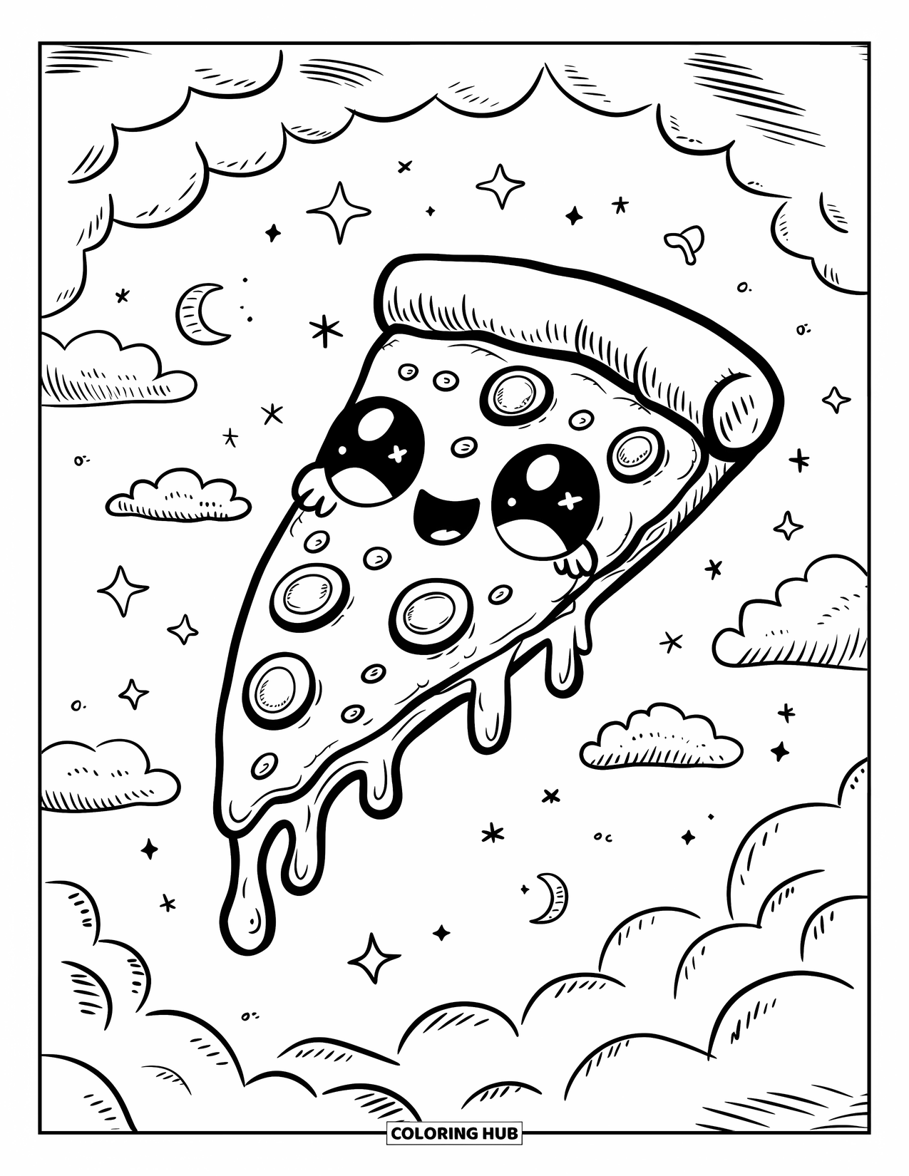 Pizza Kleurplaat voor Volwassenen: Een dromerige pizzapunt met een schattig gezicht, omringd door wolken, sterren en een magische lucht