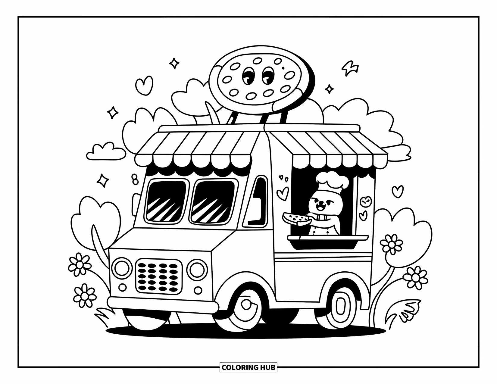 Pizza Kleurplaat voor Volwassenen: Een leuke pizzatruckscène met een berenkok, een gestreepte luifel en schattige miniatuurelementen