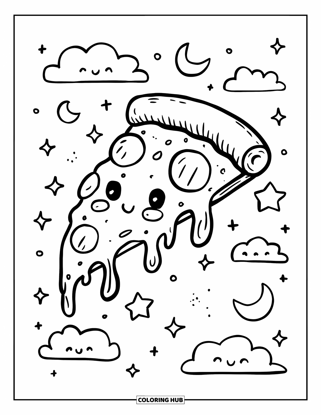 Pizza Kleurplaat voor Volwassenen: Een gigantische kawaii pizzapunt die zweeft tussen zachte wolken, fonkelende sterren en halve manen