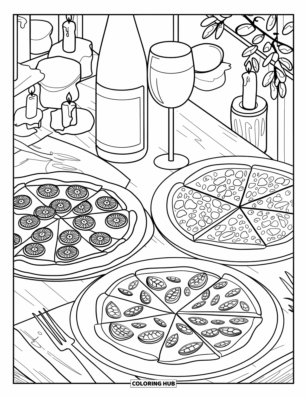 Pizza Kleurplaat voor Volwassenen: Een gastronomische pizza-scène met verschillende pizza's, een wijnfles en een rustieke setting bij kaarslicht