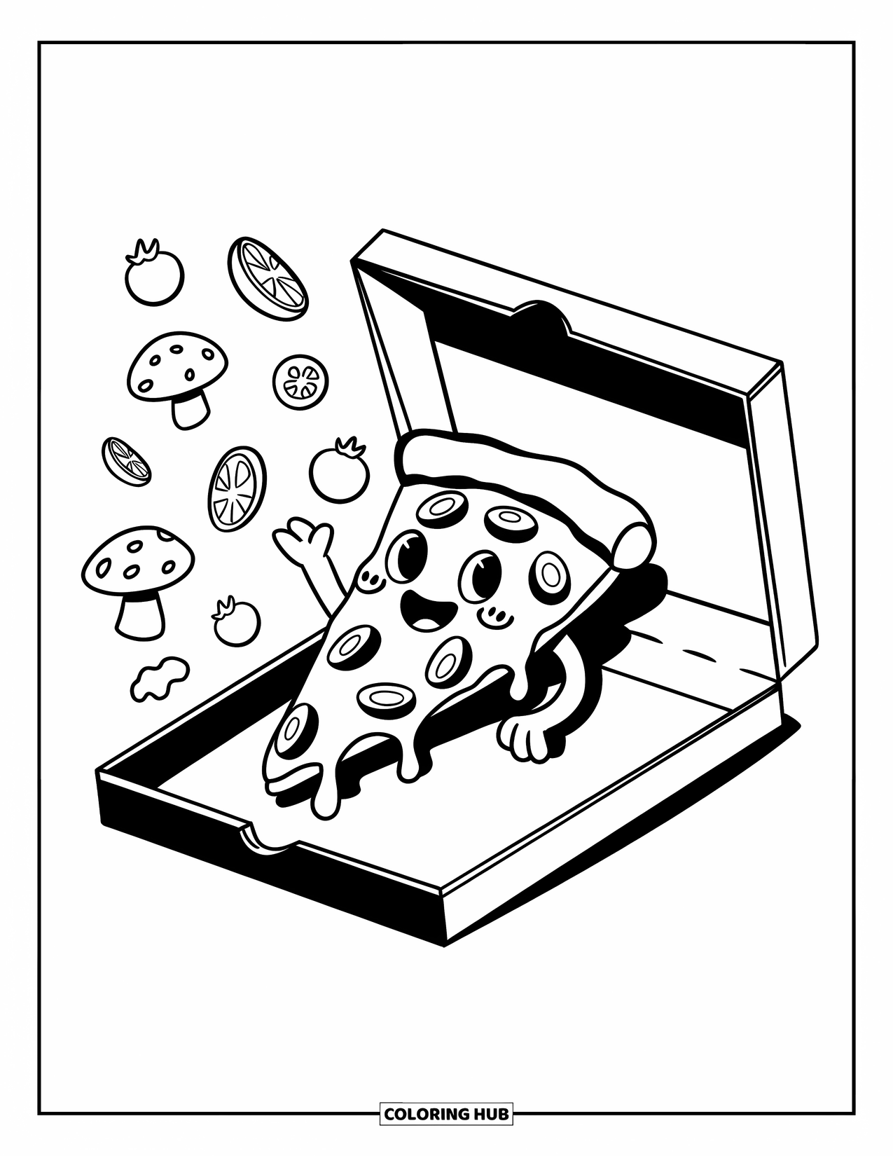 Pizza Kleurplaat voor Volwassenen: Een vrolijke pizzapunt die zwaait in een open pizzadoos, omringd door zwevende toppings