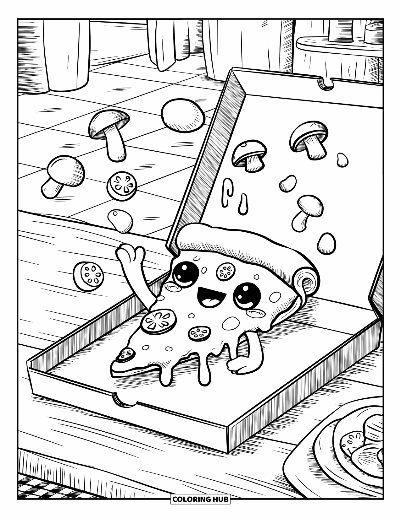 Pizza Kleurplaat voor Volwassenen: Een kawaii pizzapunt die zwaait in een doos, met een gezellige achtergrond met een geblokte vloer
