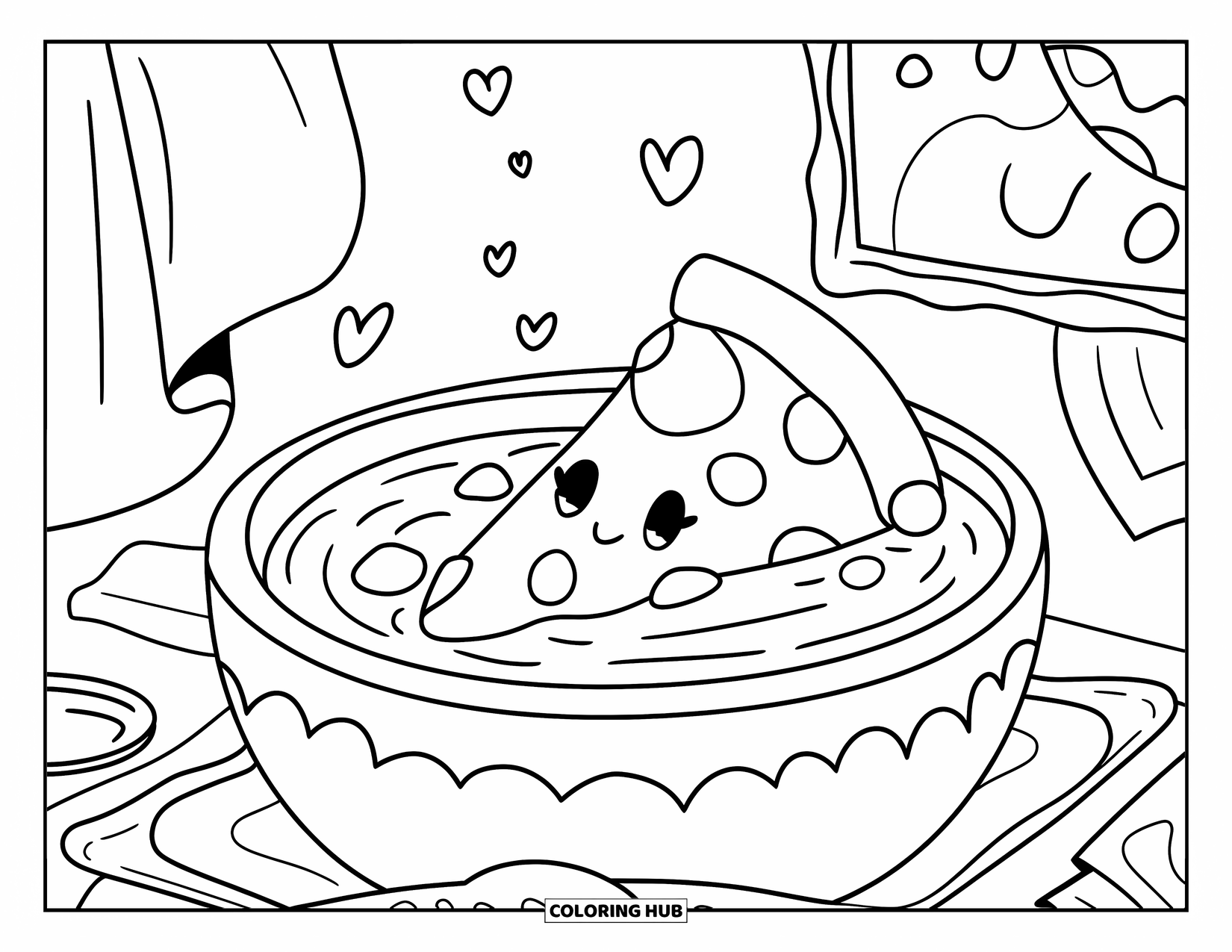 Pizza Kleurplaat voor Volwassenen: Een pizzapunt die in een bad met tomatensaus ligt met een handdoek, lepel en bord in de buurt