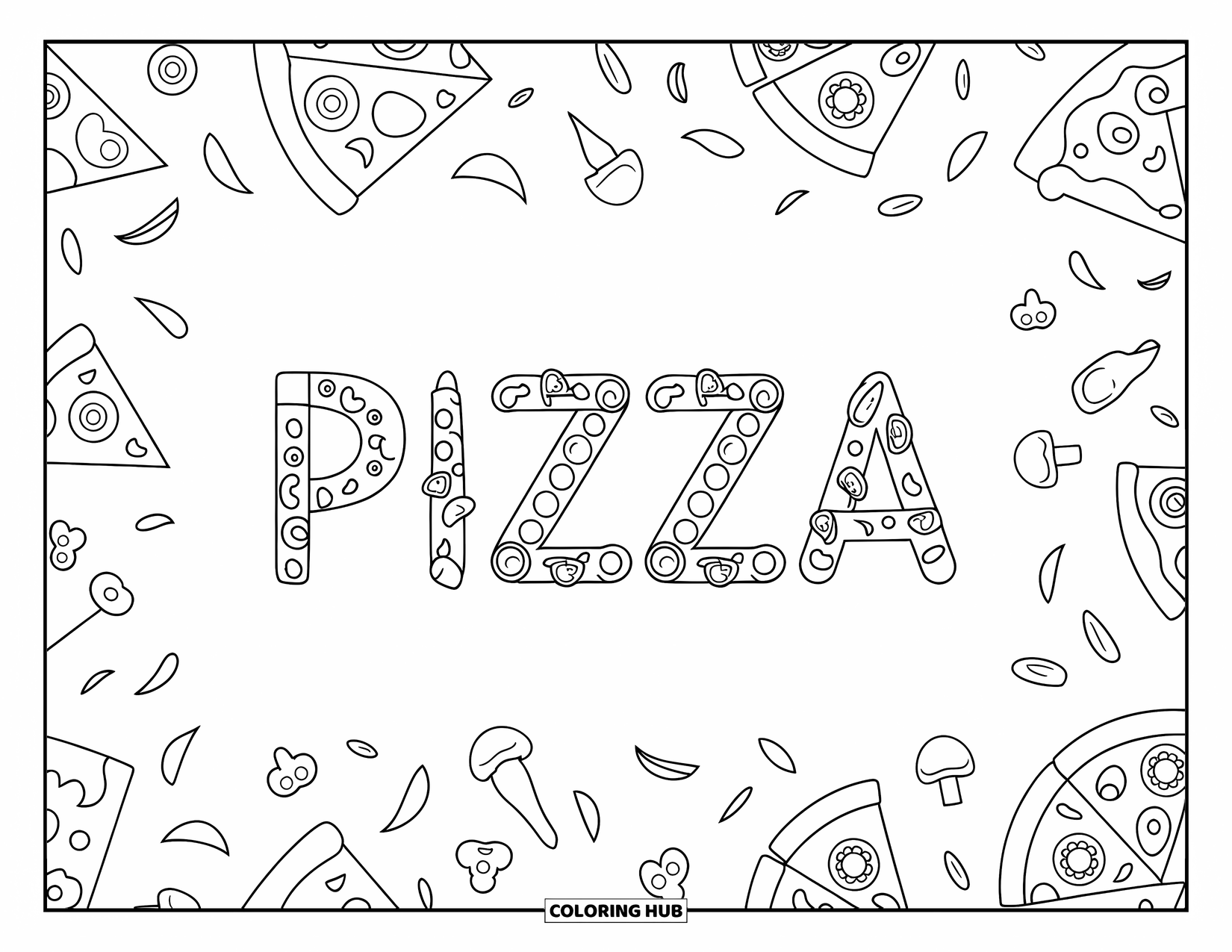 Pizza Kleurplaat voor Volwassenen: Een ontwerp met pizza-thema letters met plakjes die het woord "Pizza" vormen en extra toppings eromheen