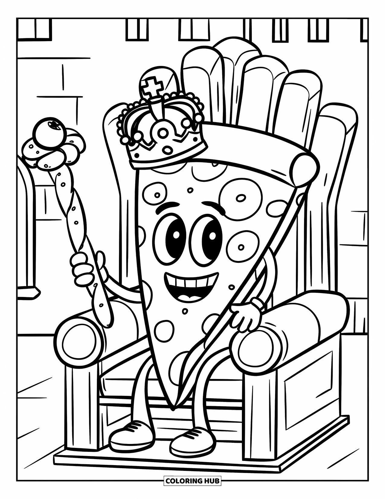 Pizza Kleurplaat voor Volwassenen: Een lachende pizzapunt met een kroon, die een broodstengel scepter vasthoudt, met een kasteel op de achtergrond