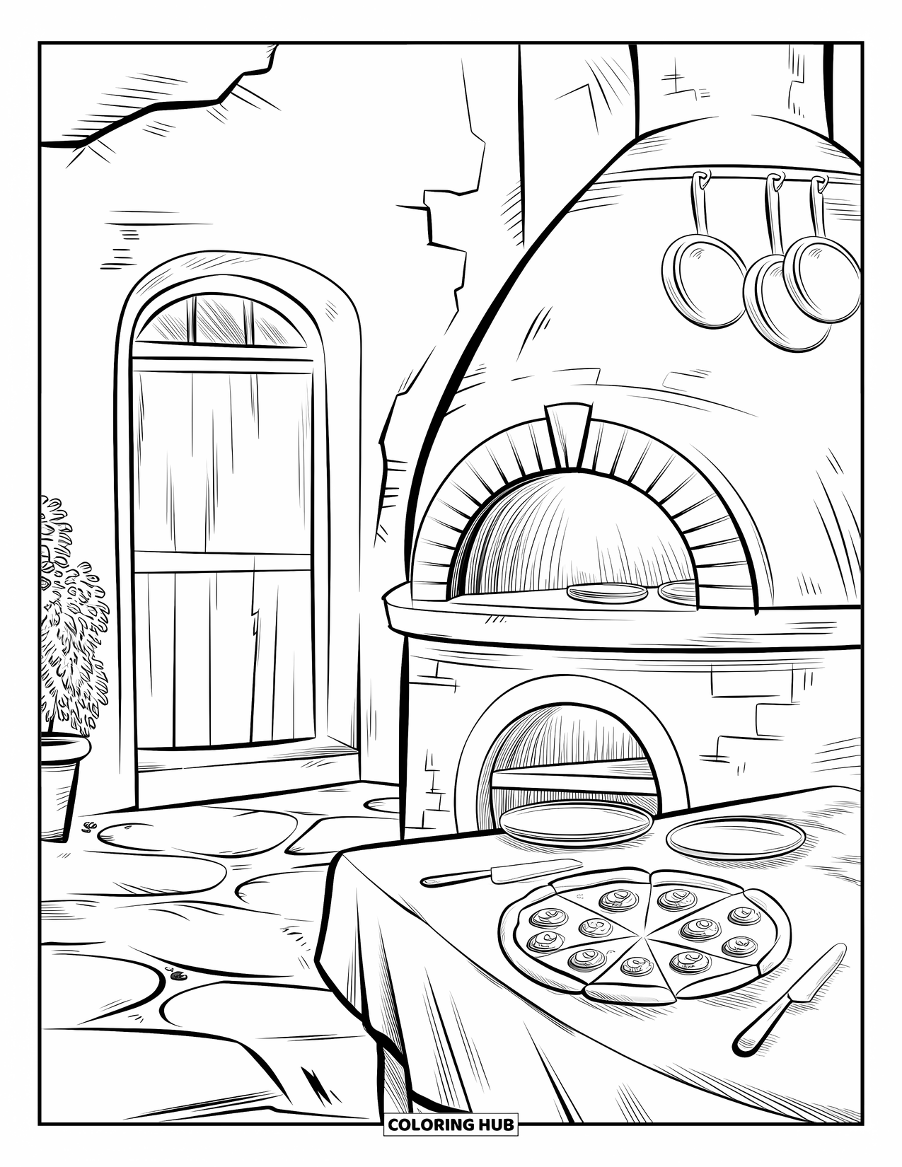 Pizza Kleurplaat voor Volwassenen: Een traditionele Italiaanse pizzeria met een stenen oven, houten meubels en een gastvrije sfeer