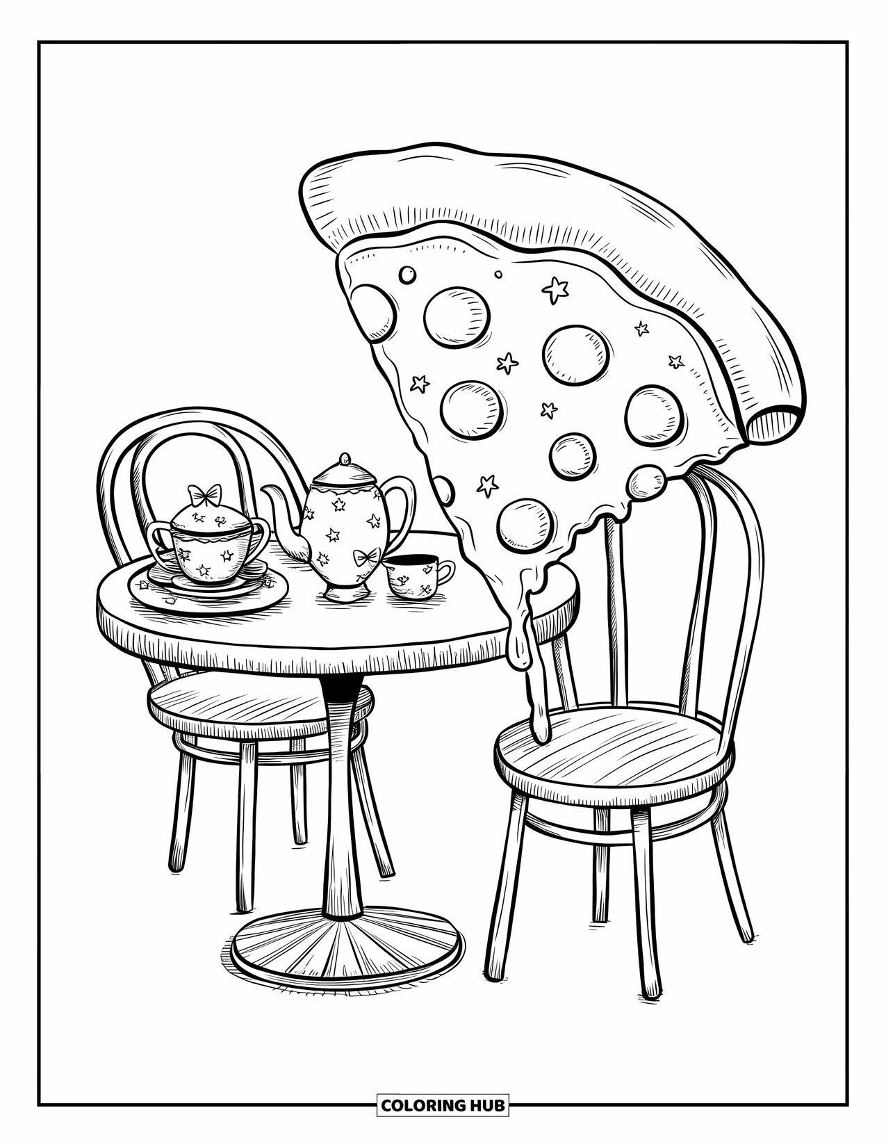 Pizza Kleurplaat voor Volwassenen: Een warm en uitnodigend pizzacafé met een pizzapuntstoel, een schattig theeservies en kleine decoraties