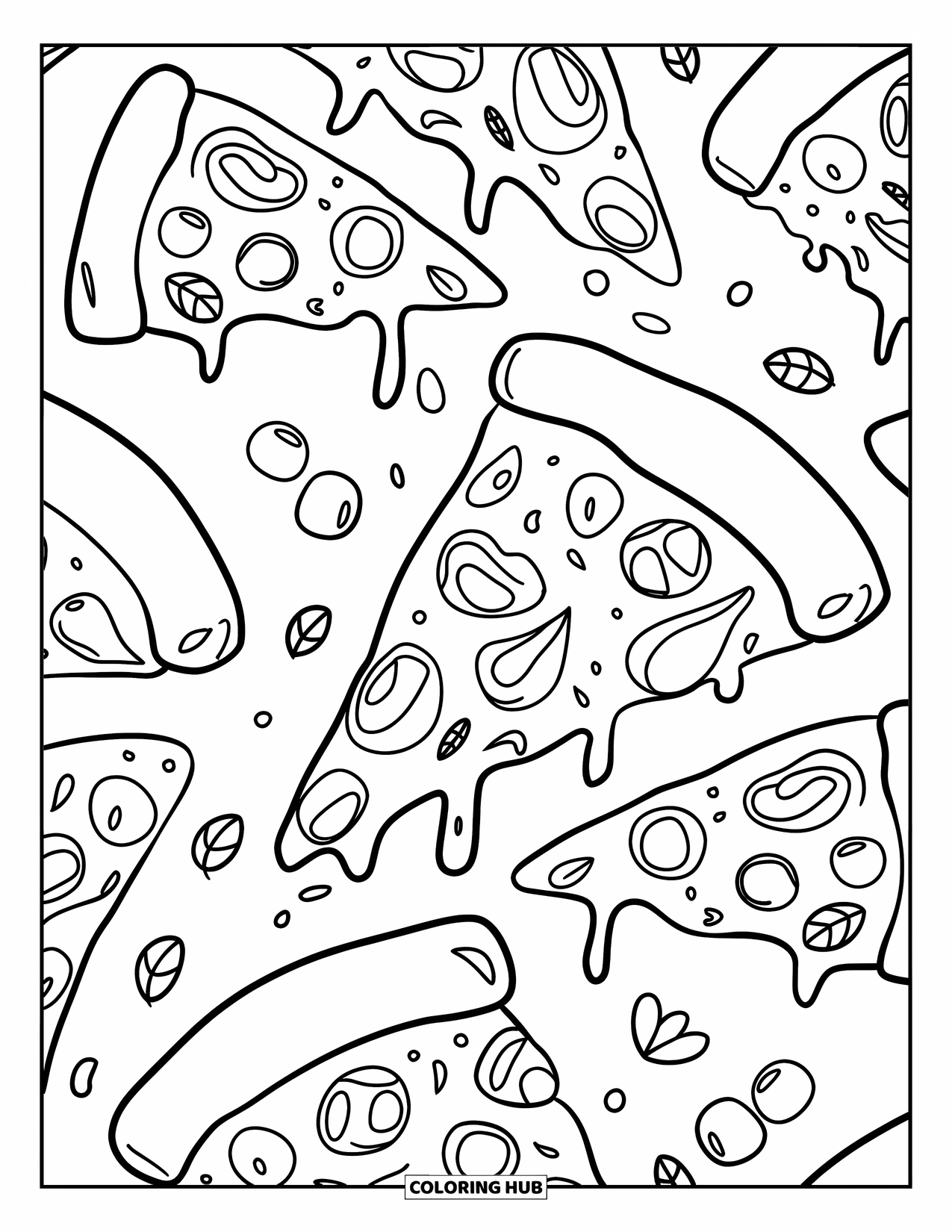 Pizza Kleurplaat voor Volwassenen: Een grillig pizza-thema patroon met meerdere plakjes, kaaswervelingen, kruiden en tomaten