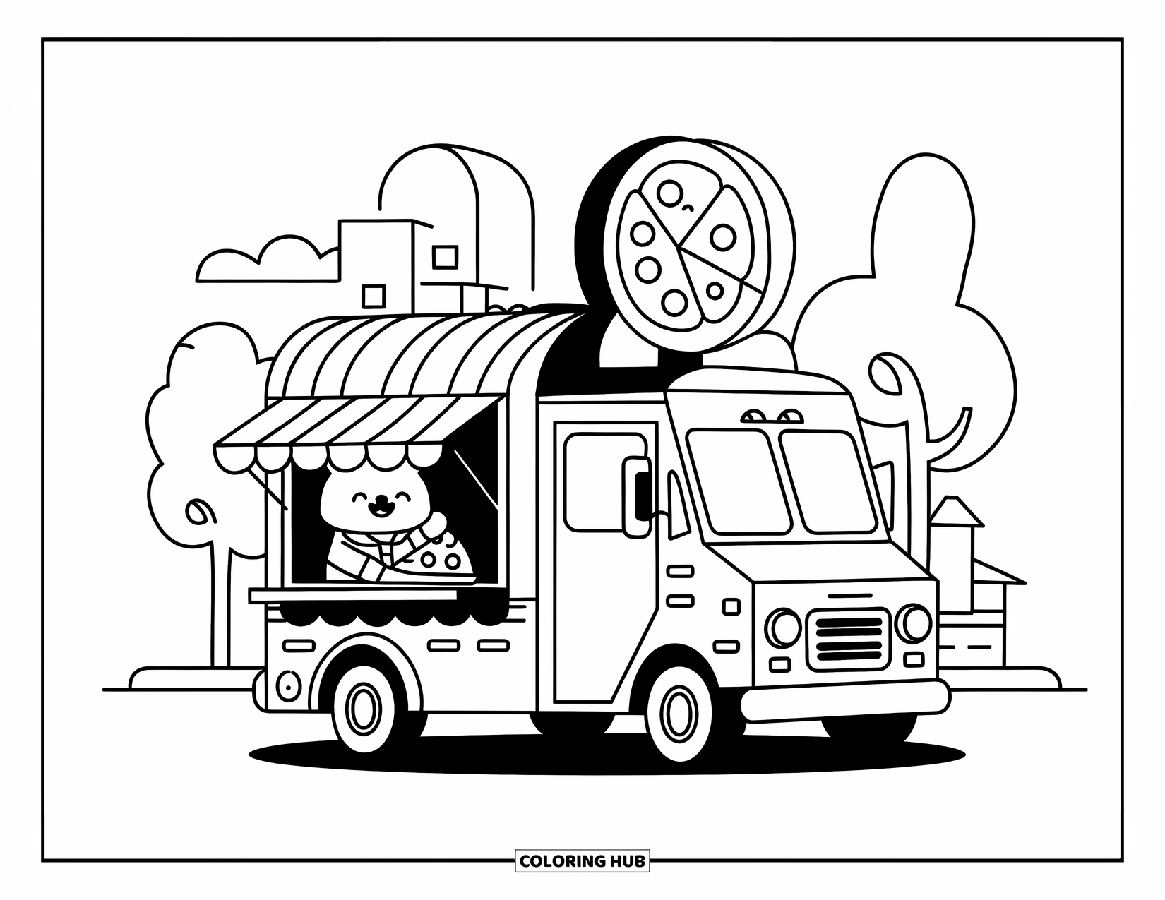 Pizza Kleurplaat voor Volwassenen: Een geanimeerde pizzatruck met een klein bedieningsraam, een lachend bord en speelse achtergronddetails