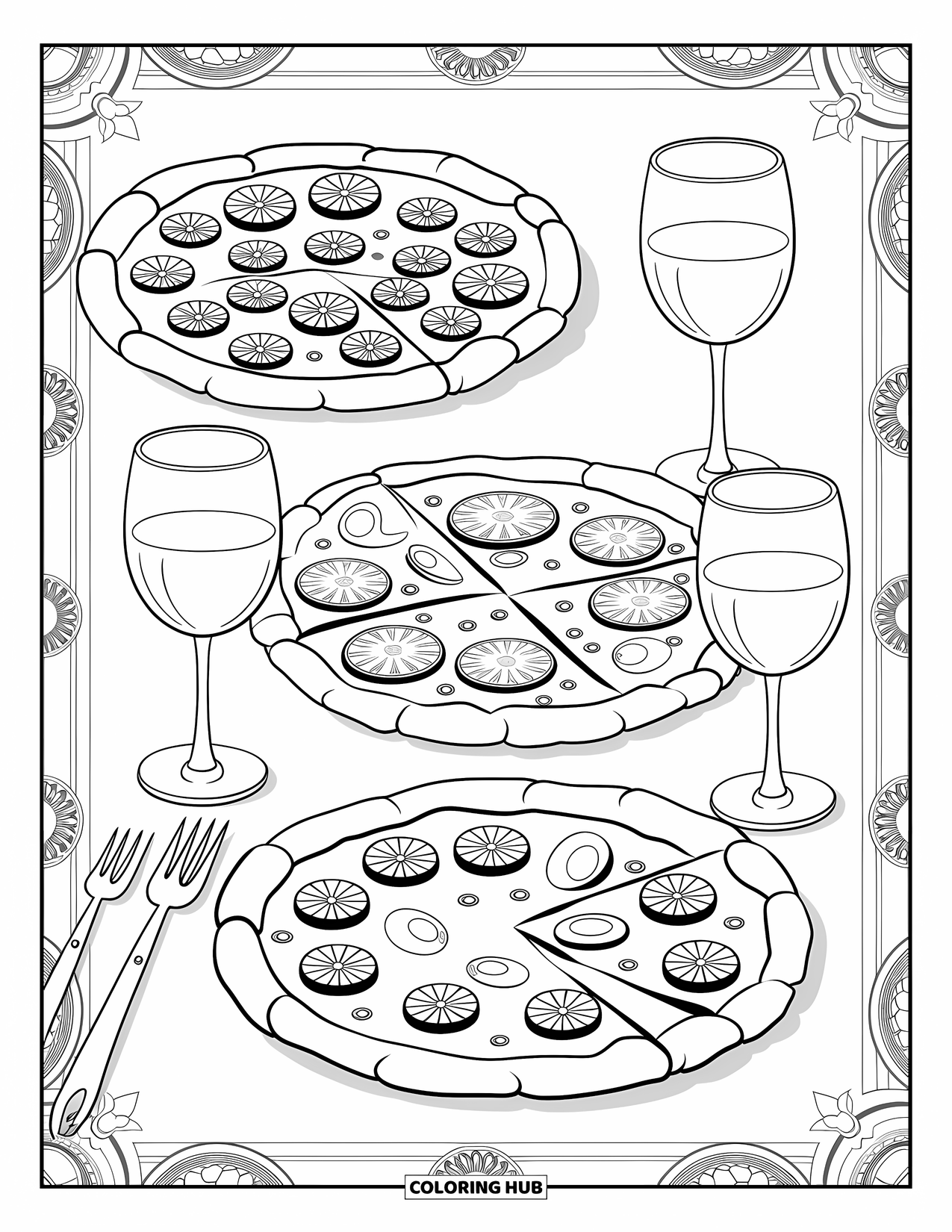 Pizza Kleurplaat voor Volwassenen: Een elegante pizza-opstelling met meerdere pizzastijlen, wijnglazen en artistieke elementen met een Italiaans thema