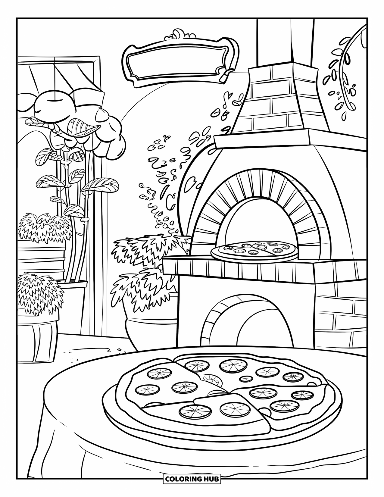 Pizza Kleurplaat voor Volwassenen: Een Italiaanse pizzeria-scène met een stenen oven, verse pizza op een tafel en rustieke details