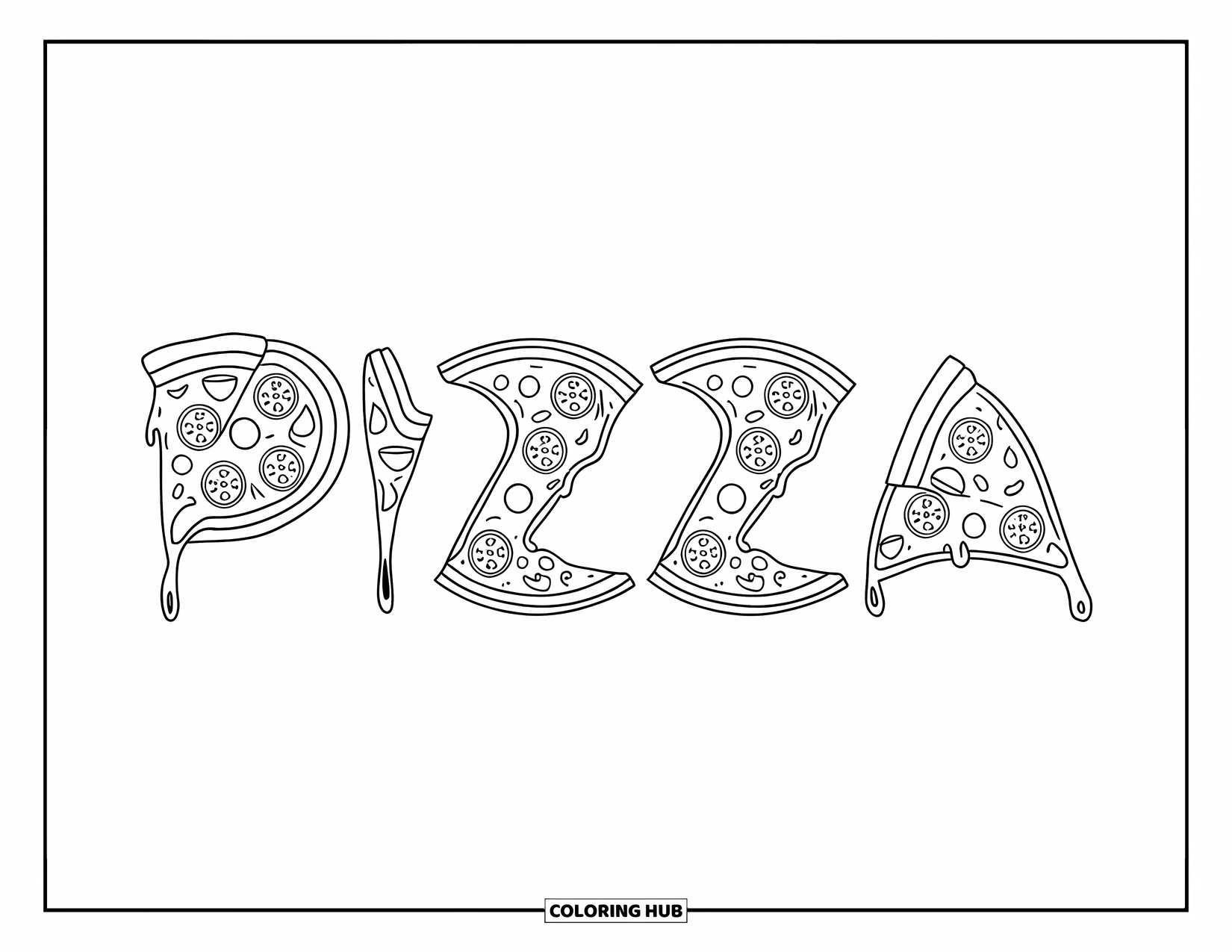 Pizza Kleurplaat voor Volwassenen: Het woord "Pizza" creatief gevormd met pizzapunten, kaasdruppels en verspreide toppings