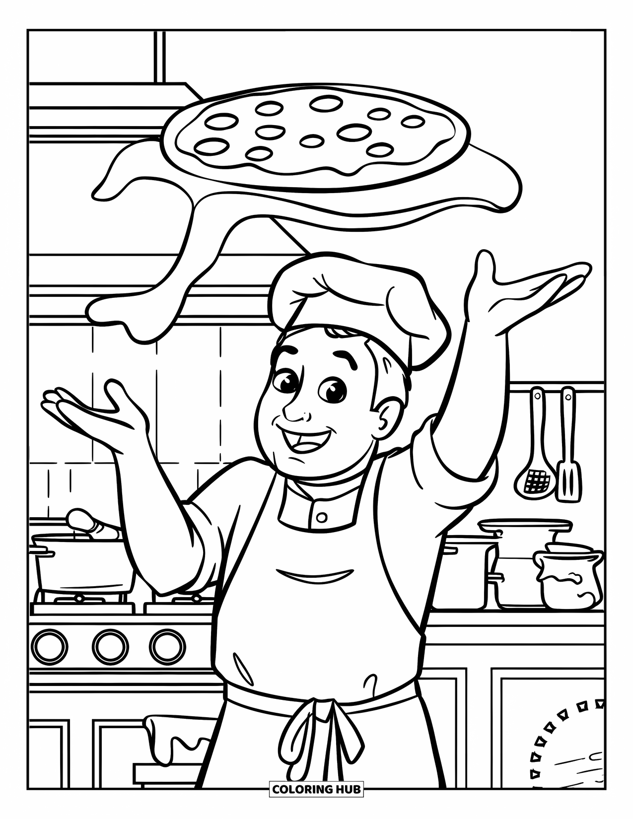 Pizza Kleurplaat voor Kinderen: Een vrolijke kok die pizzadeeg gooit met een grote glimlach in een gezellige keuken