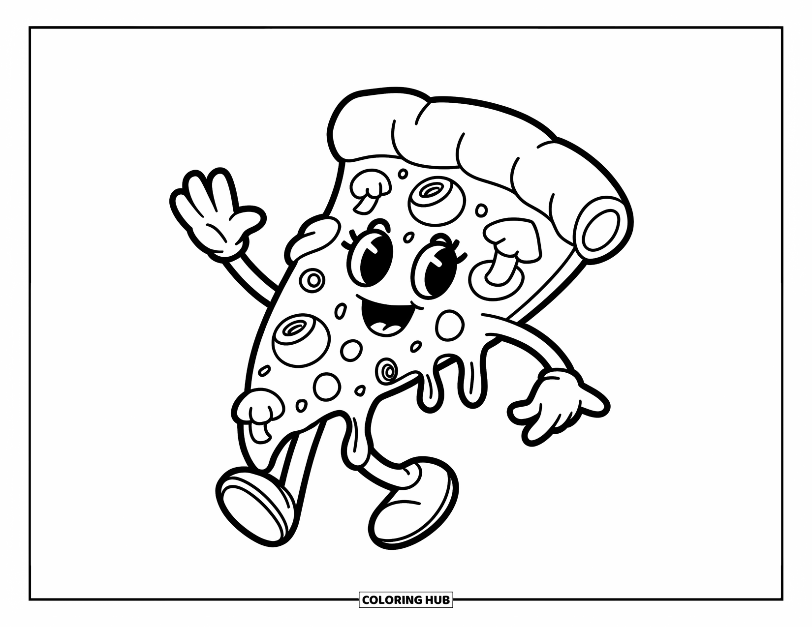 Pizza Kleurplaat voor Kinderen: Een vrolijke pizzapunt met overdreven toppings en een grote glimlach, perfect om in te kleuren