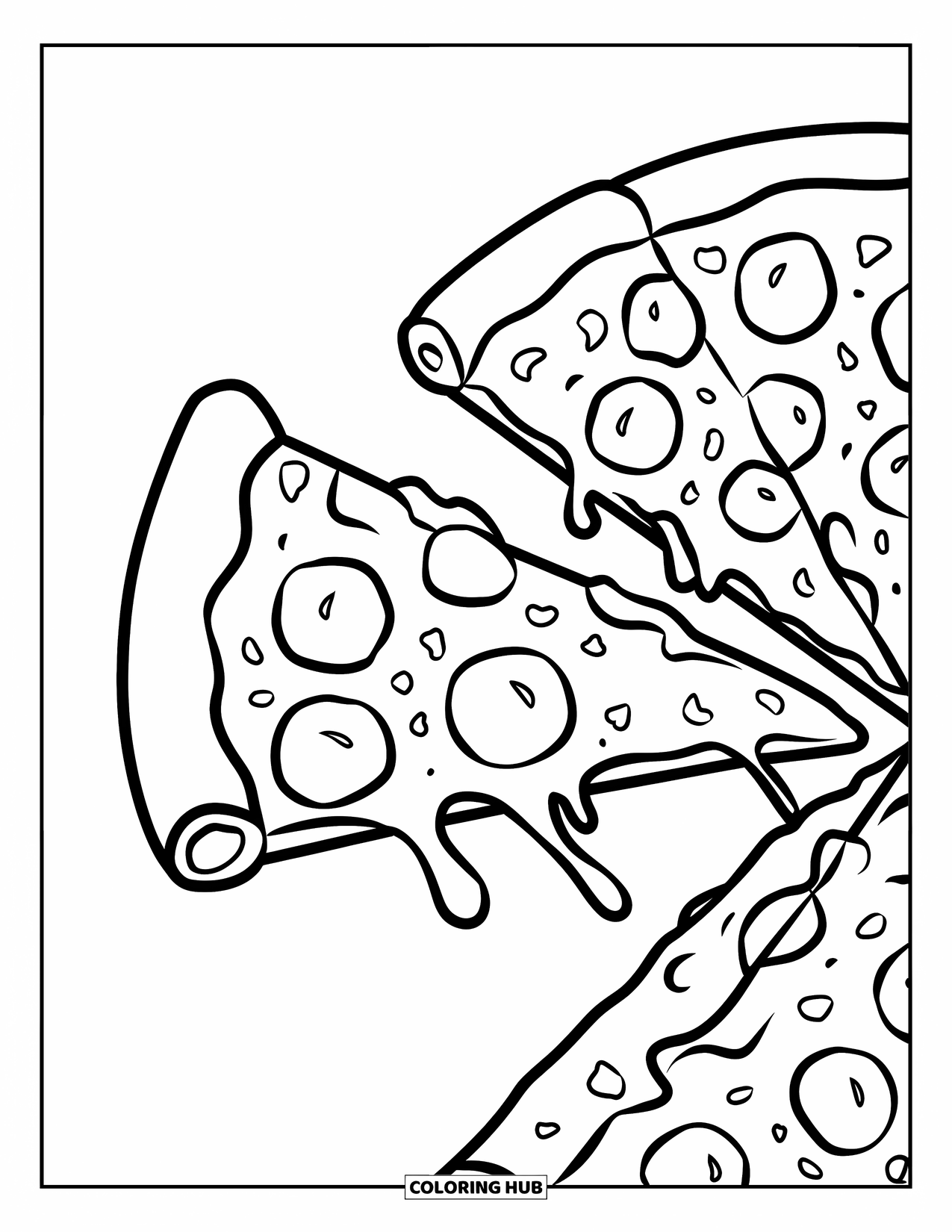 Pizza Kleurplaat voor Kinderen: Een close-up van een pizzapunt die wordt opgetild, met kleverige kaas en heerlijke toppings