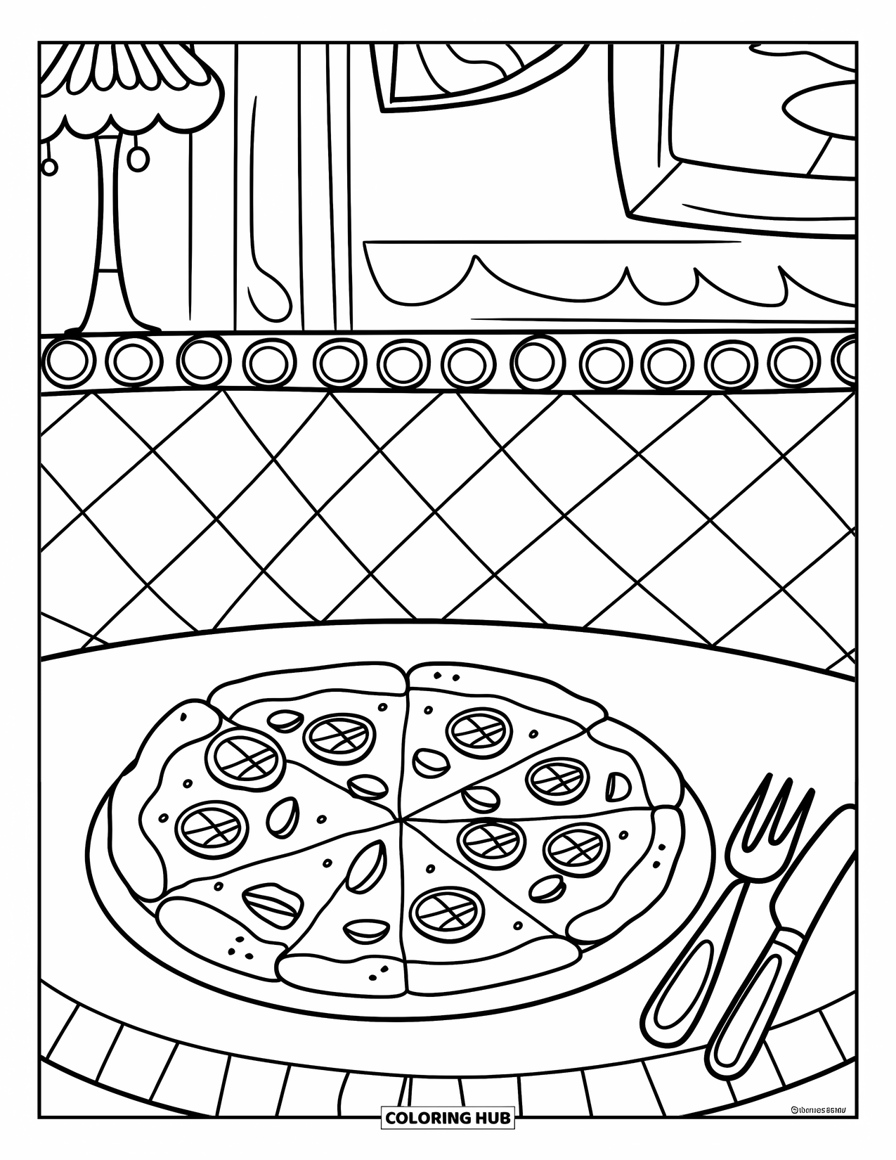 Pizza Kleurplaat voor Kinderen: Een gezellige restaurantscène met een bord pizza, een geblokte vloer en warme details