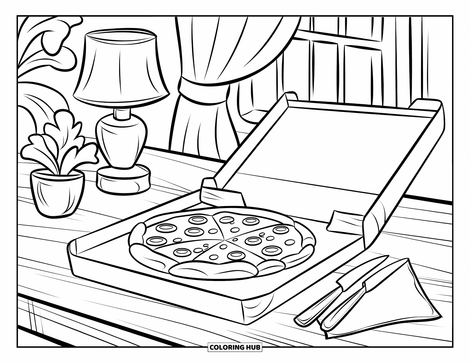 Pizza Kleurplaat voor Kinderen: Een gezellige kamerscène met een pizza op een houten tafel, een vork, mes en een uitzicht vanuit het raam