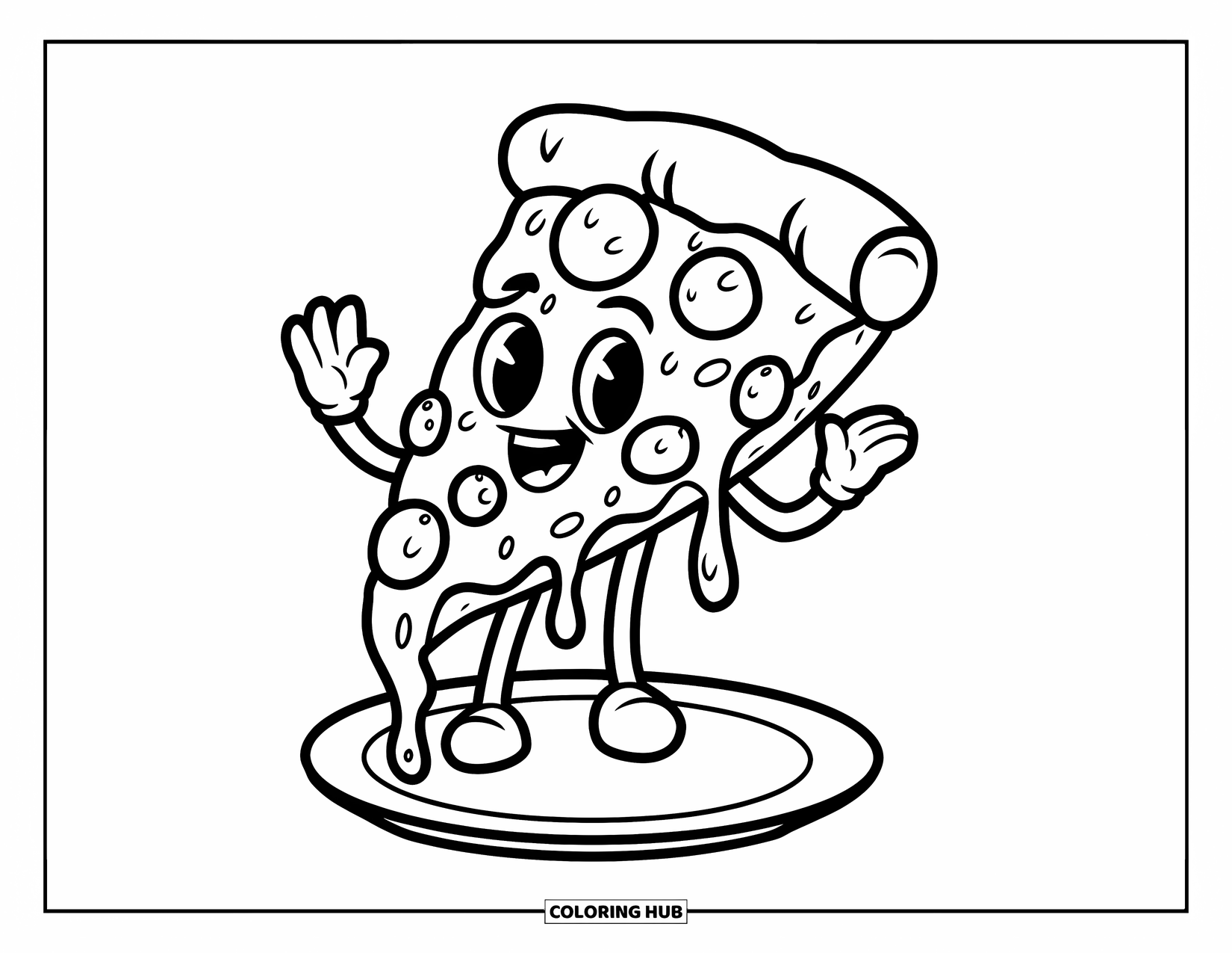 Pizza Kleurplaat voor Kinderen: Een schattige pizzapunt die zwaait met kleverige kaas die van de zijkanten afloopt