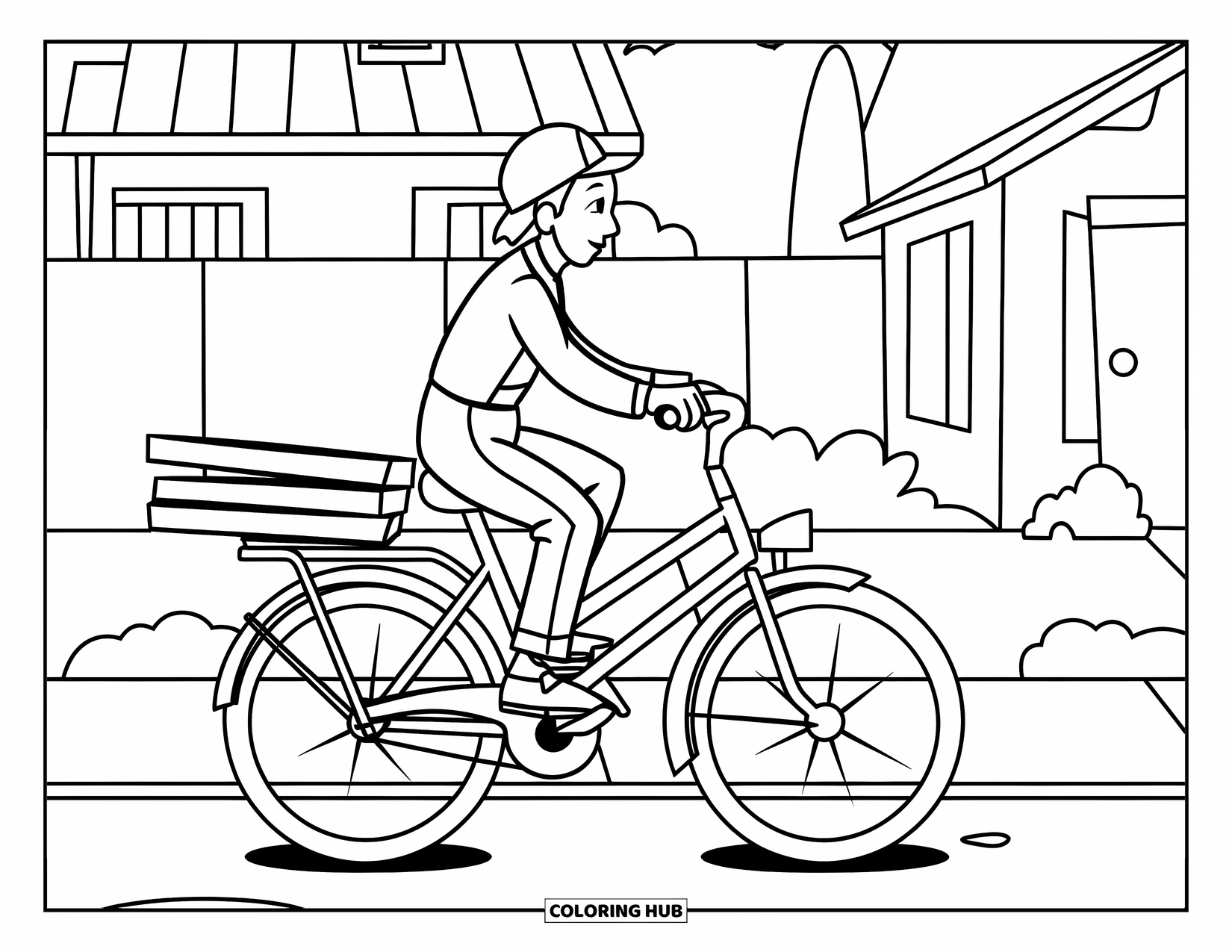 Pizza Kleurplaat voor Kinderen: Een bezorger op een fiets met een pizzadoos, met een uniform en helm