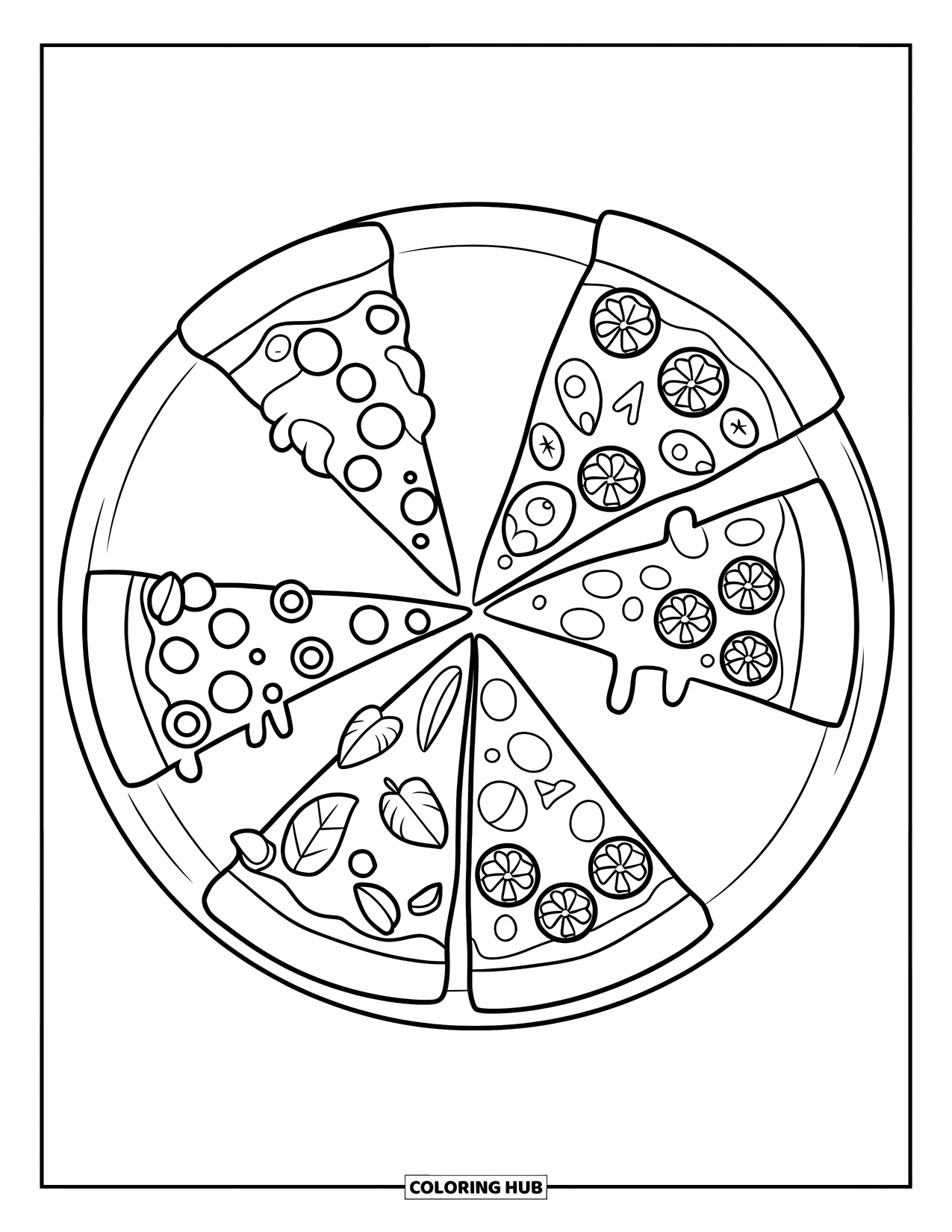 Pizza Kleurplaat voor Kinderen: Een gedetailleerde pizza met vier verschillende toppings, perfect voor een leuke en creatieve kleur sessie