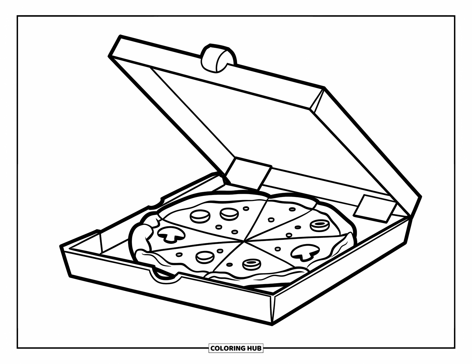 Pizza Kleurplaat voor Kinderen: Een vriendelijke pizzadoos met een leuke uitdrukking, die een pizza met champignons en olijven onthult