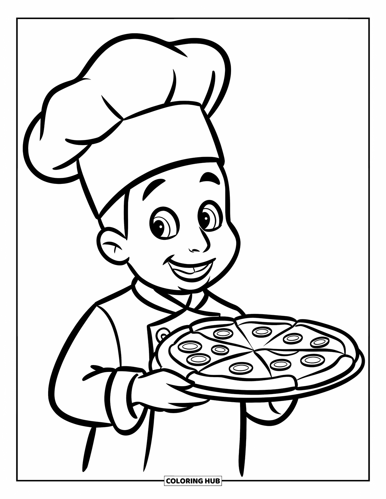 Pizza Kleurplaat voor Kinderen: Een vriendelijke pizzabakker met een grote glimlach, die een verse pizza op een dienblad serveert