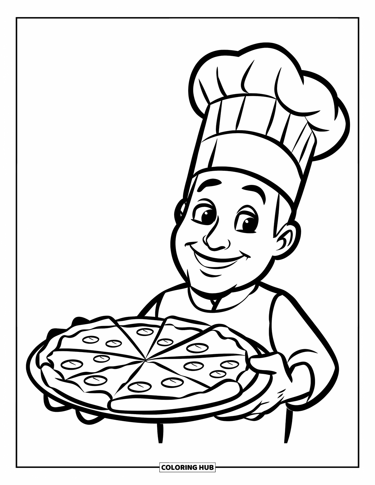 Pizza Kleurplaat voor Kinderen: Een vrolijke pizzabakker met een hoge hoed, die een pizza met heerlijke toppings op een dienblad vasthoudt