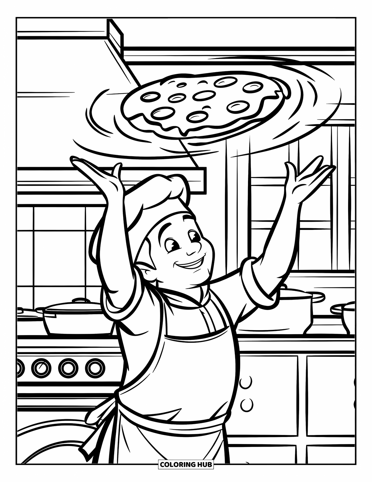 Pizza Kleurplaat voor Kinderen: Een vrolijke pizzabakker die deeg in de lucht gooit, in een levendige keuken