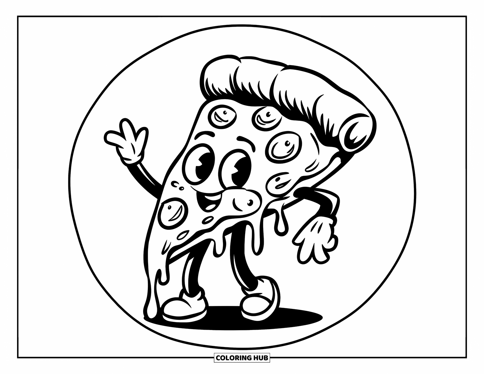 Pizza Kleurplaat voor Kinderen: Een vrolijke pizzapunt met armen en benen, gegarneerd met kleverige kaas en heerlijke toppings