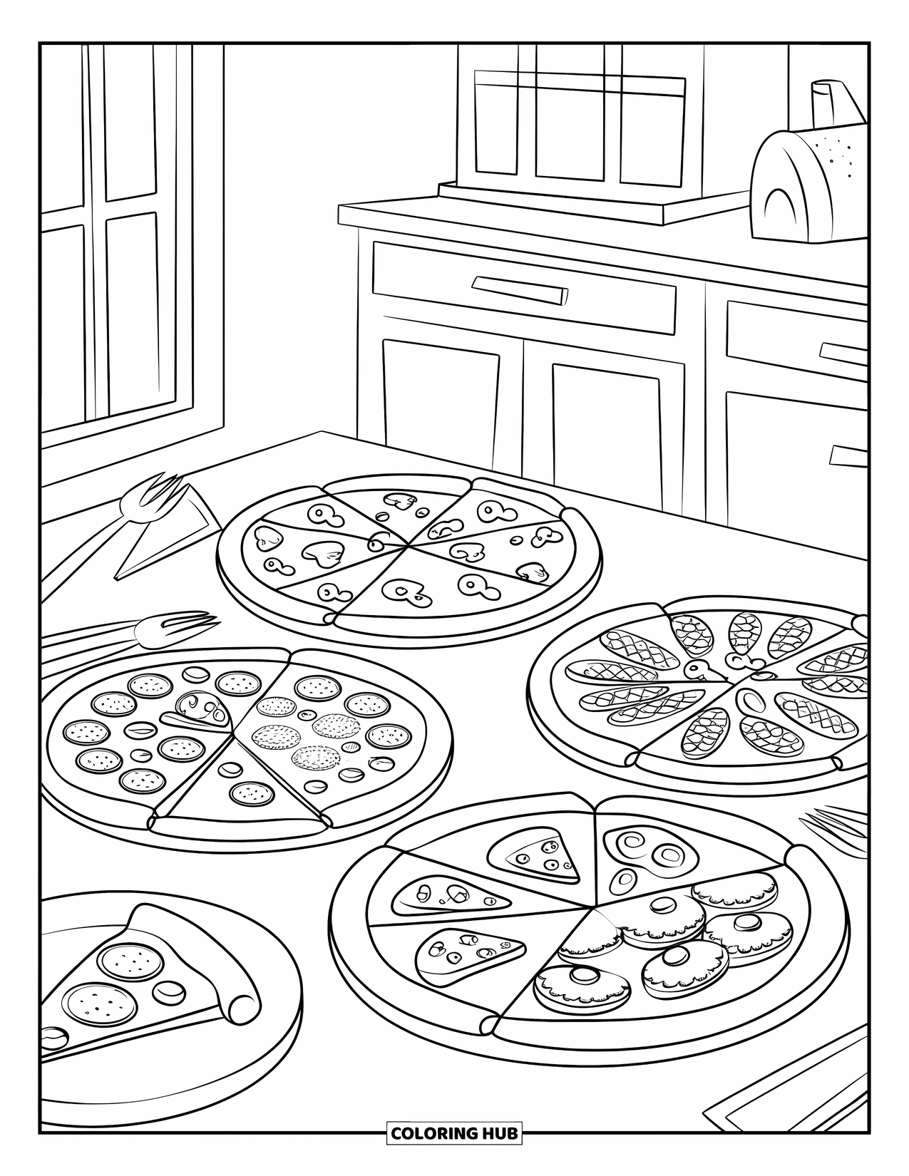 Pizza Kleurplaat voor Kinderen: Een keukentafel met drie pizza's, een slakom en een kan in een feestelijke setting